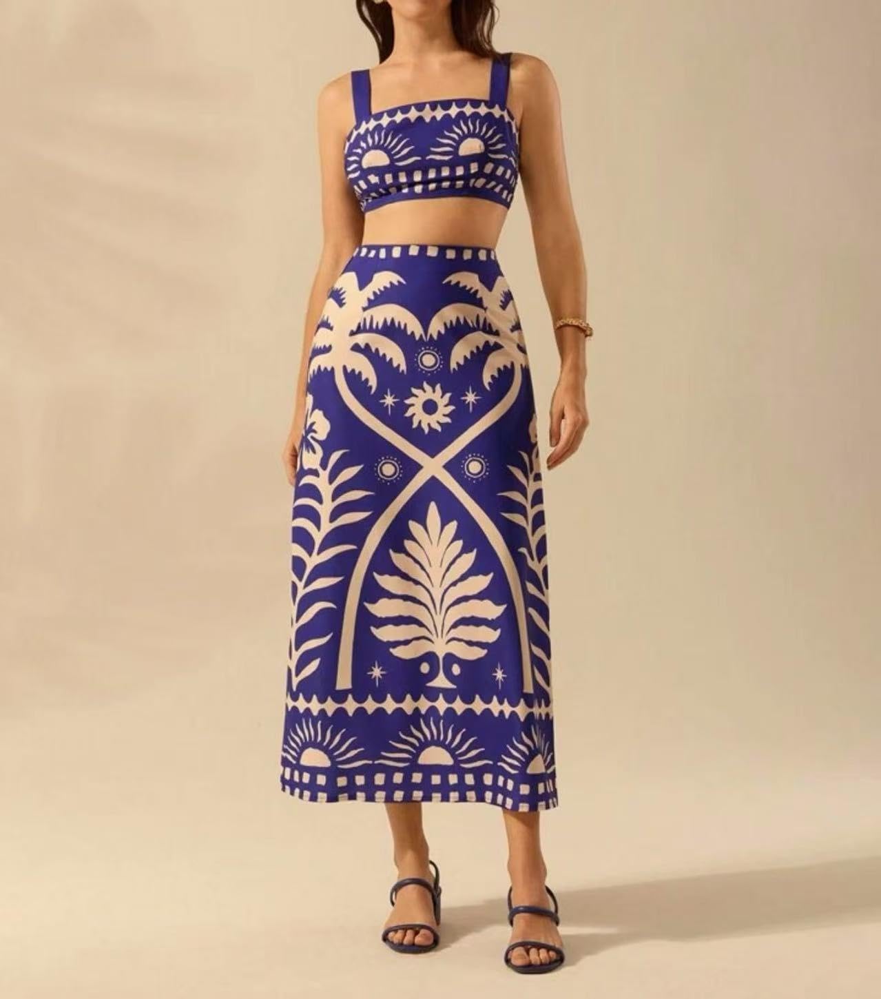 THLAI Women 2 Piece Midi Skirt Sets Tropical Print Crop Top and Midi Skirt Set Summer Casual Vacation Outfits - Image 2