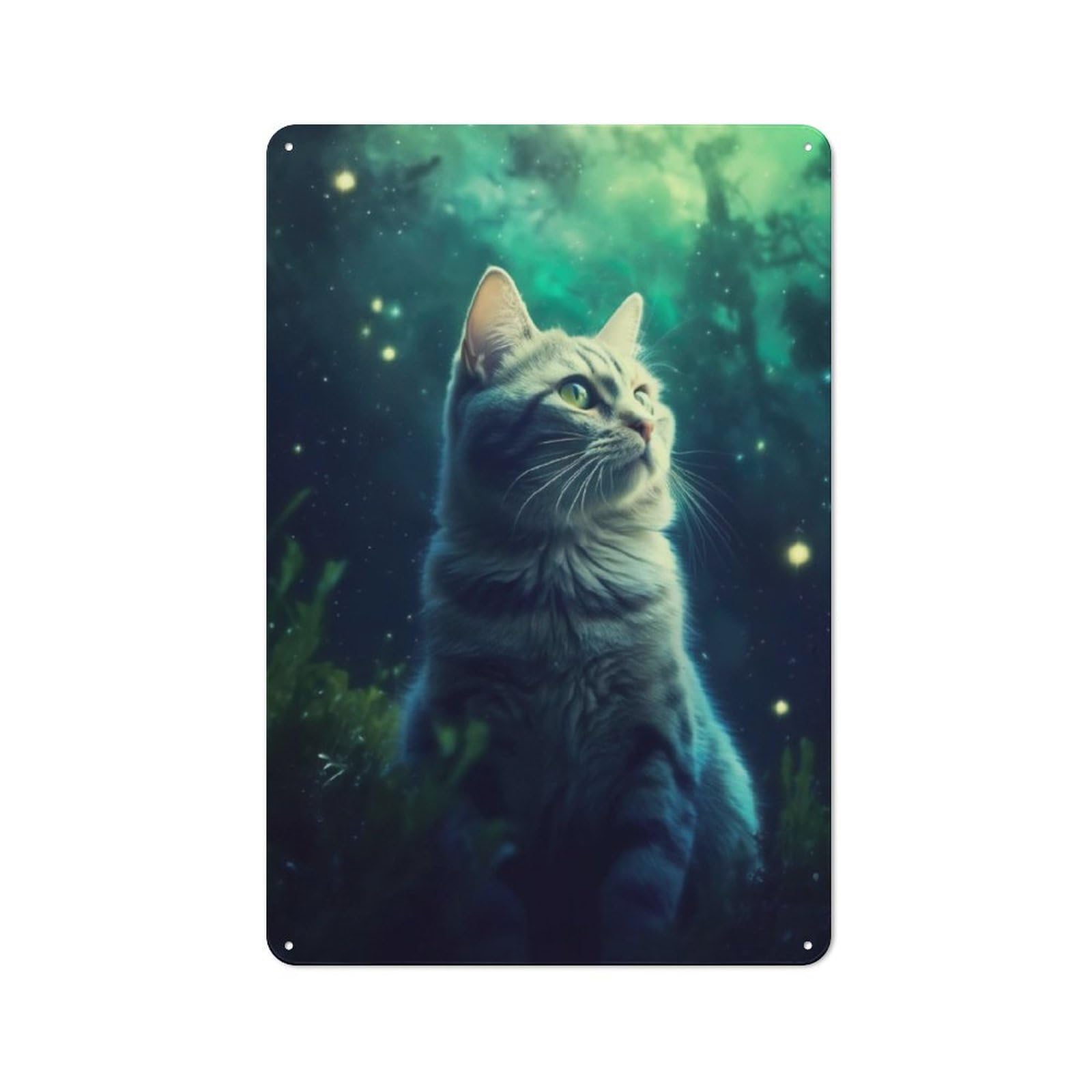 Junmoney Cat Mystic Glowing Night Retro Metal Wall Sign 30X20cm With For Bar Or Restaurant, Gift Idea For A New Home And Metal Sign Collection