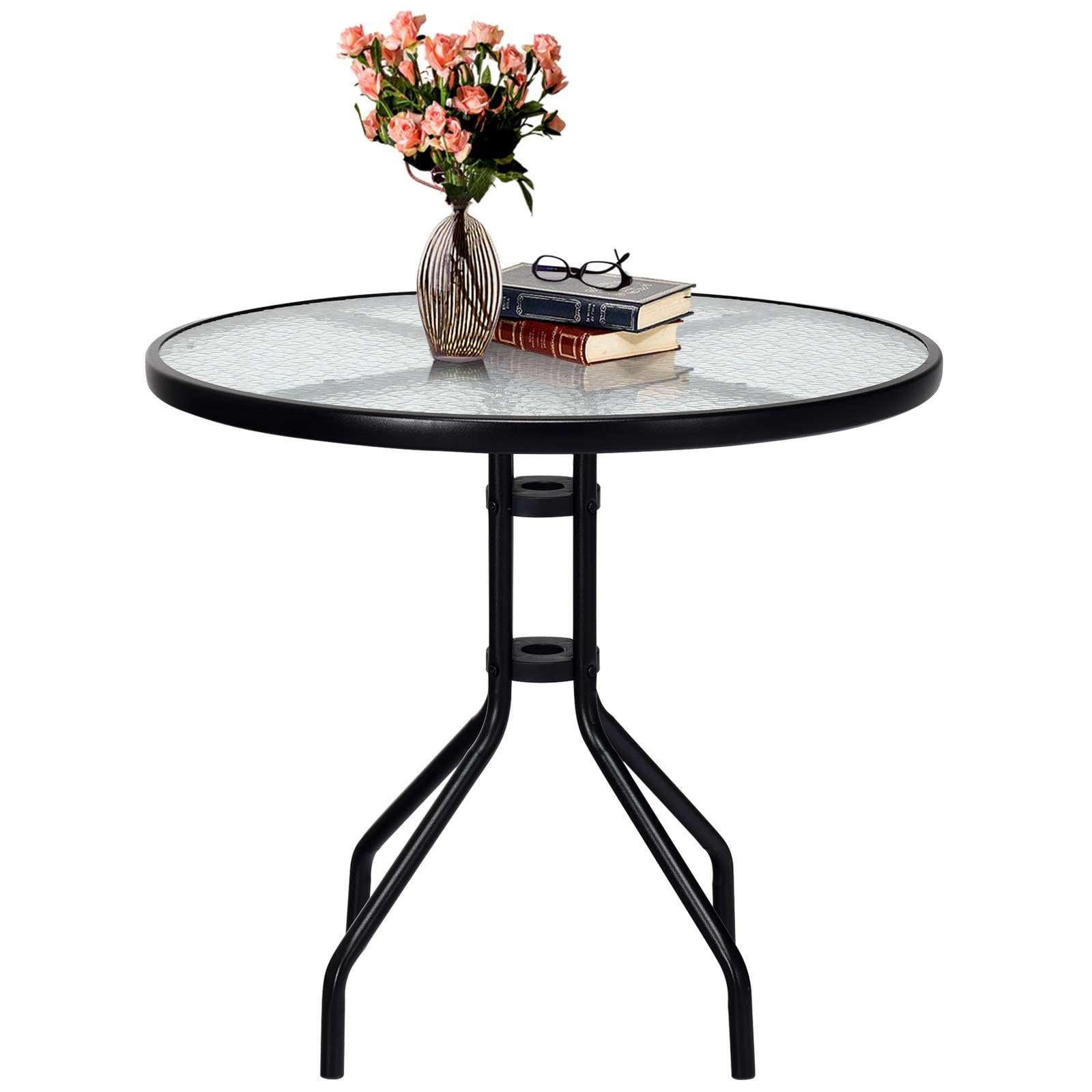 GOPLUS Stolik pomocniczy, okrągły, Ø 70 cm, stół ogrodowy metalowy ze szklanym blatem i otworem na parasol 43 mm, stół balkonowy, mały, odporny na warunki atmosferyczne, stolik bistro, stolik kawowy,