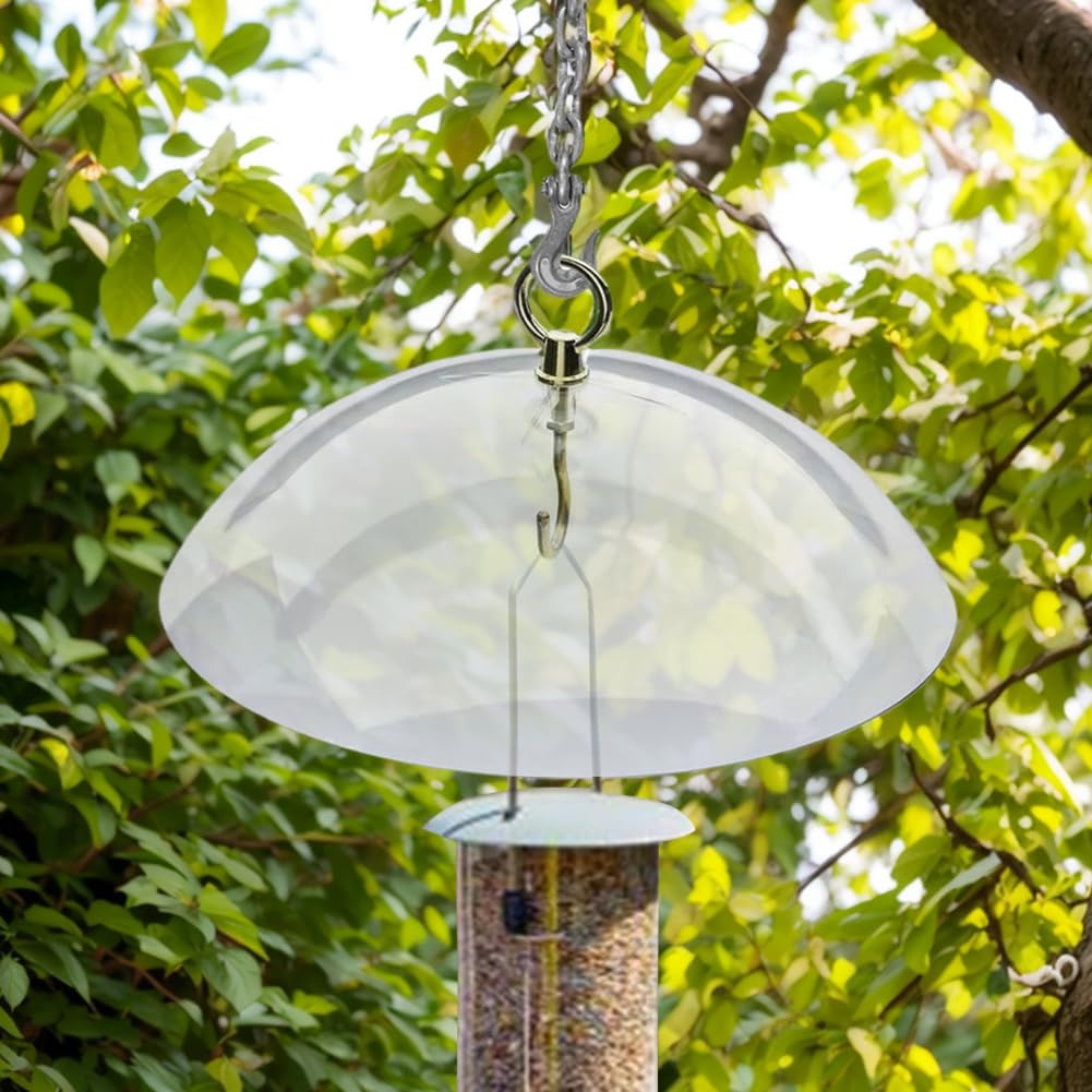 Deflector de ardilla para comederos de pájaros, 26 cm, protector de clima transparente, instalación sin herramientas, deflector de plástico resistente a la intemperie para proteger los comederos