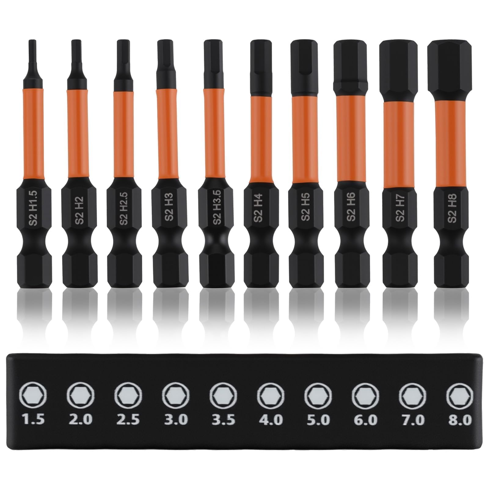 10 Pcs Hex Allen Key Drill Bit Set 50mm Impact Hex Bit Set S2 Steel Magnetic Screwdriver Bits Sets 1/4 Inch Hexagon Shank Metric CNC Machined Wrench Drill Bits, H1.5 - H8
