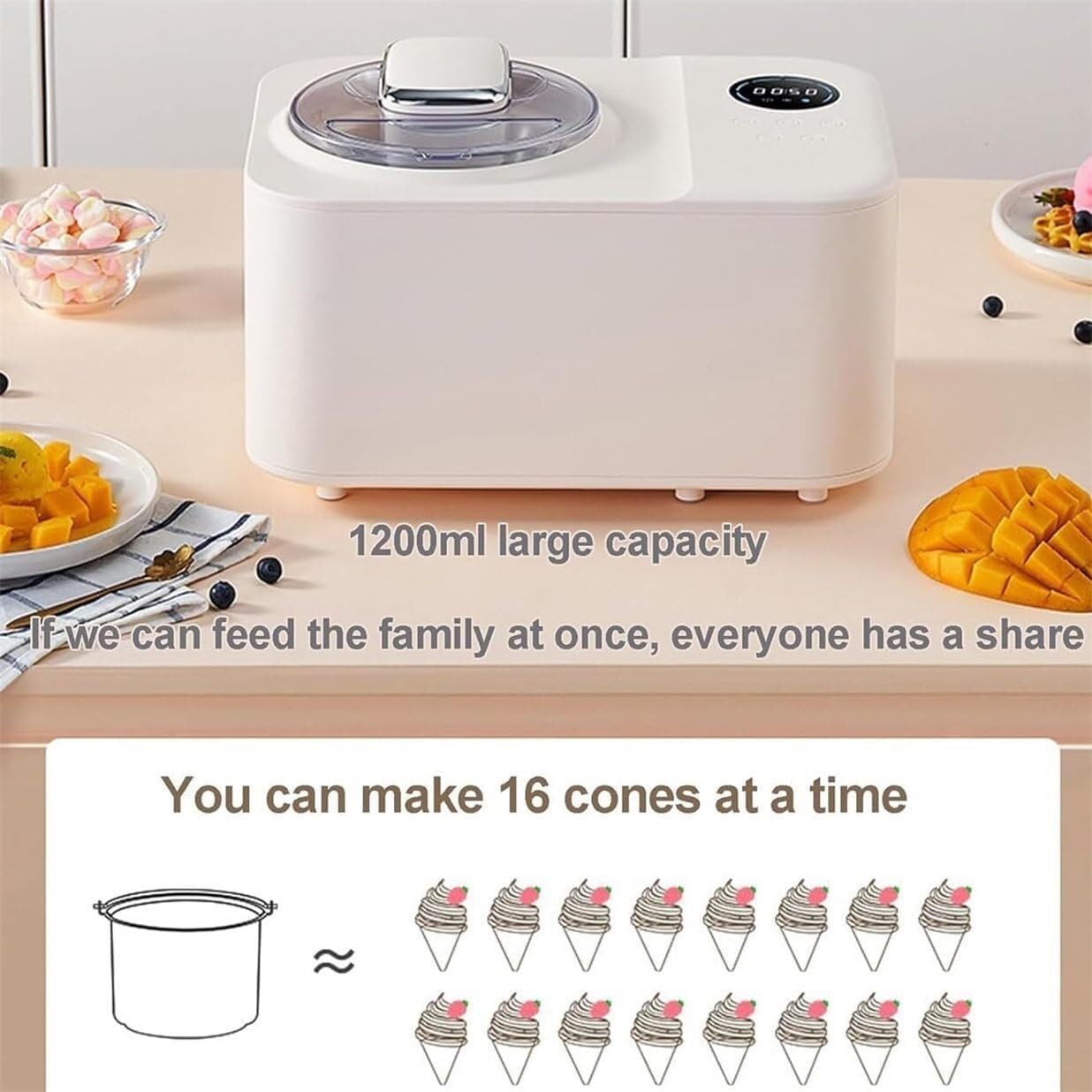 1.2L Ice Cream Maker Machine With LCD Digital Display & Timer, Stainless Steel Yogurt Mixing Machine With Compressor, For Restaurant Kitchen