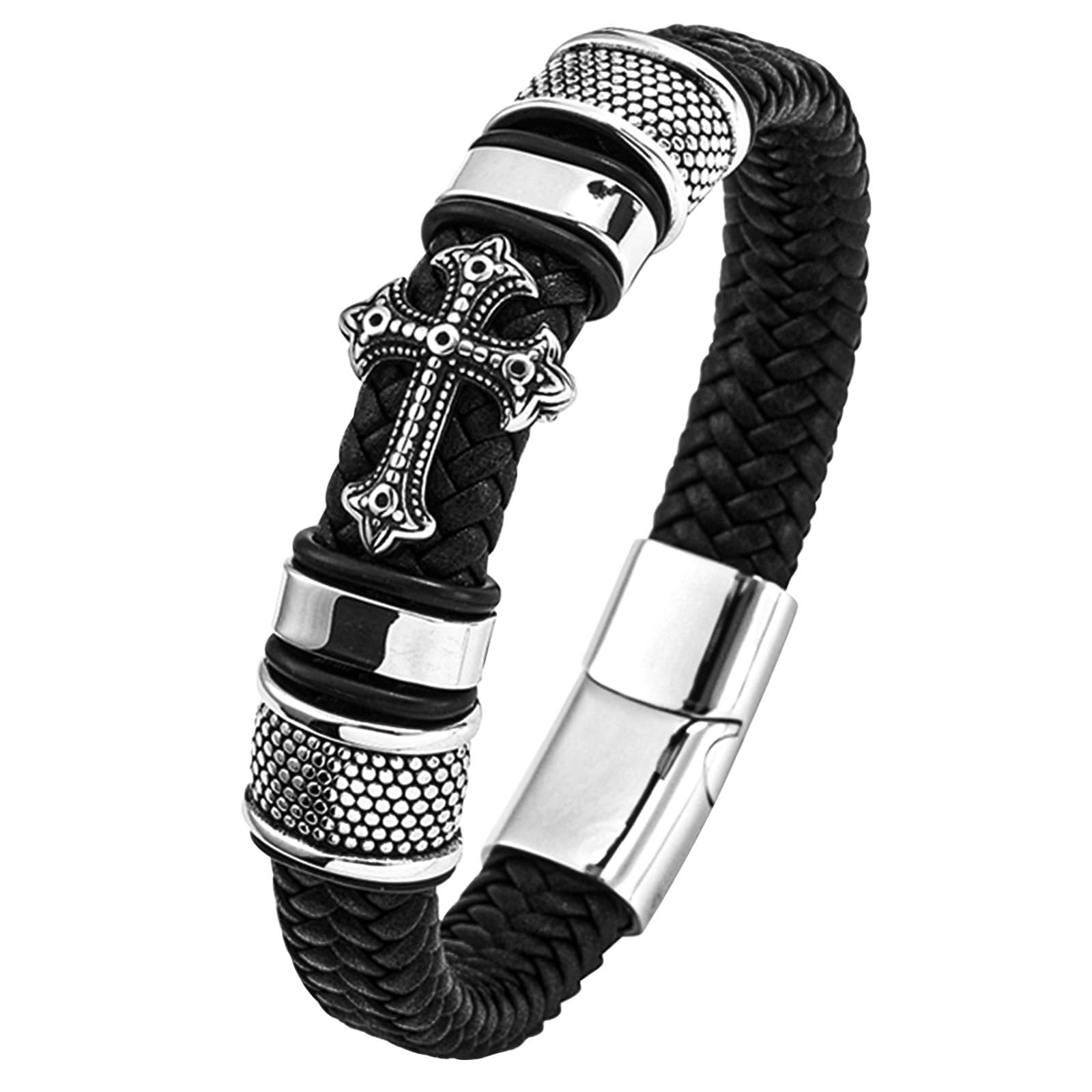 MochityPulsera Hombre, Pulsera Cuero Hombre, Pulseras Hombre Con Cierre Magnético, Pulsera Cruz De Cuero Hombre, Pulseras Vikinga, Pulsera Acero Inoxidable Hombre, Con Caja De Regalo