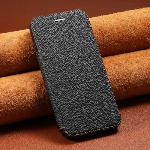 Image of Cubix Flip Cover for iPhone 15 | Pebble-Grain Texture | N52 High-Strength Magnet | Magnetic Wireless Charging Compatible | 2 Card Slot | Slim Full Cover (Black)