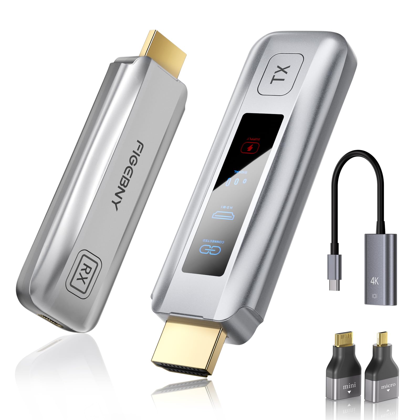 Wireless HDMI Transmitter and Receiver 4K Larger LED Screen Display, Wireless HDMI Extender Sender HD 5G 165FT Streaming Media Video/Audio/File for PC/Laptop/Projector/TV Box/Camera Silver