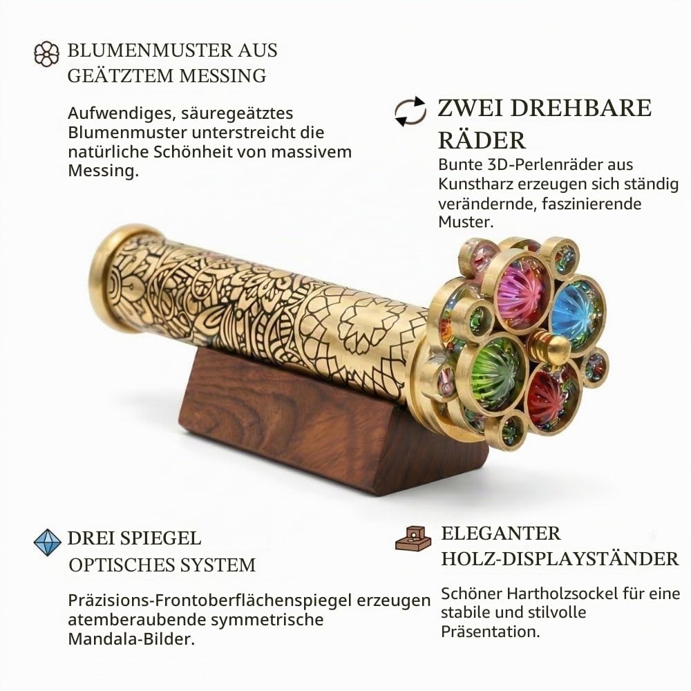 Handgefertigtes Kaleidoskop aus lackiertem Messing, geätztes Blumenmuster, inklusive zwei separaten Drehrädern, ein einzigartiges Geschenk für meinen Sohn, Enkel, Tochter. 16,5 x 2,5 cm