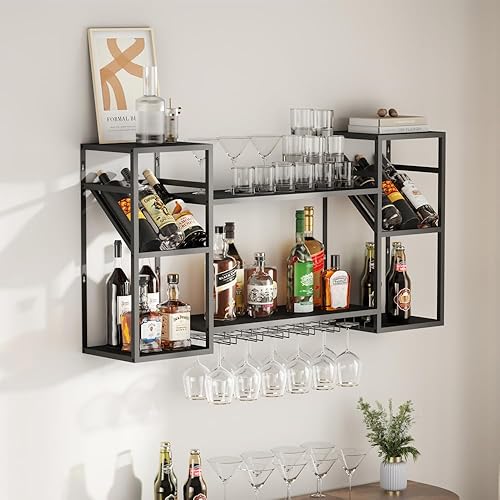 KaKaBB Estantes flotantes de metal para licor de 2 niveles, estante de vino montado en la pared con soporte para vidrio, estante de barra de pared,