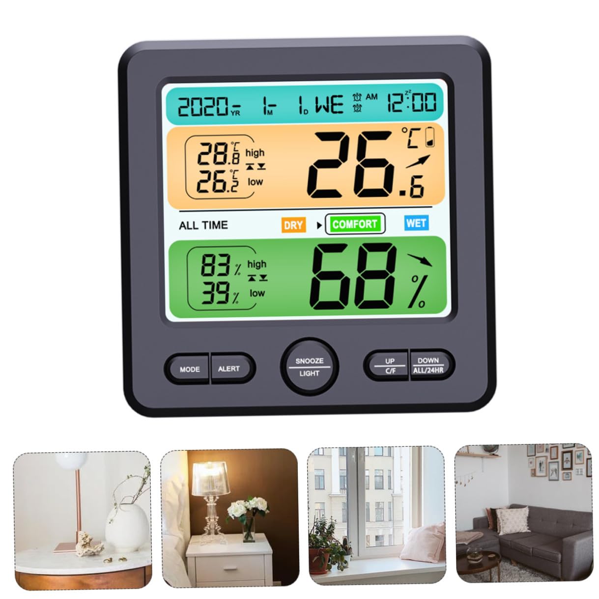 Thermohygrometer Uhr mit LED Display, Faltbarer Halter, Abs Schwarz | 1 Stück, ohne Batterie, für Wand oder Tisch, Temperatur ±1 °c, Luftfeuchte ±5 % Rh