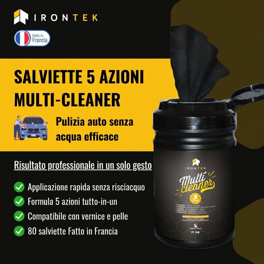 Salviette Detergenti Auto Moto Senza Acqua 80 pz - IRONTEK - IT146 | Formula 5 Azioni | Carrozzeria Cerchi Vetri Plastica Pelle | Interno ed Esterno