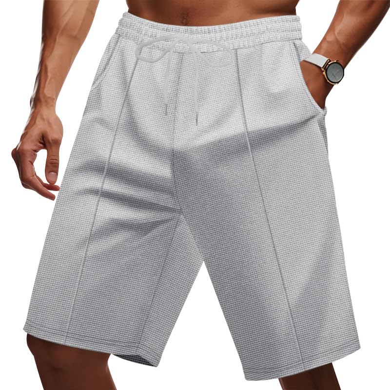 Casual Mens Waffle Shorts Summer Trendy Solid Color Drawstring Elastic Waisted Sports Bermuda Shorts Gym Wear