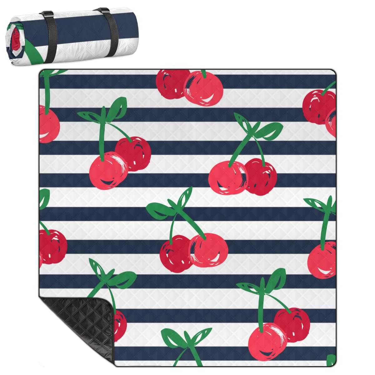Shimoshe Extra Large Picnic Blankets 79”x 79”, Striped Cherry Waterproof Foldable Picnic Mat with Straps Portable Beach Blanket for Camping Park Grass Beach Indoor