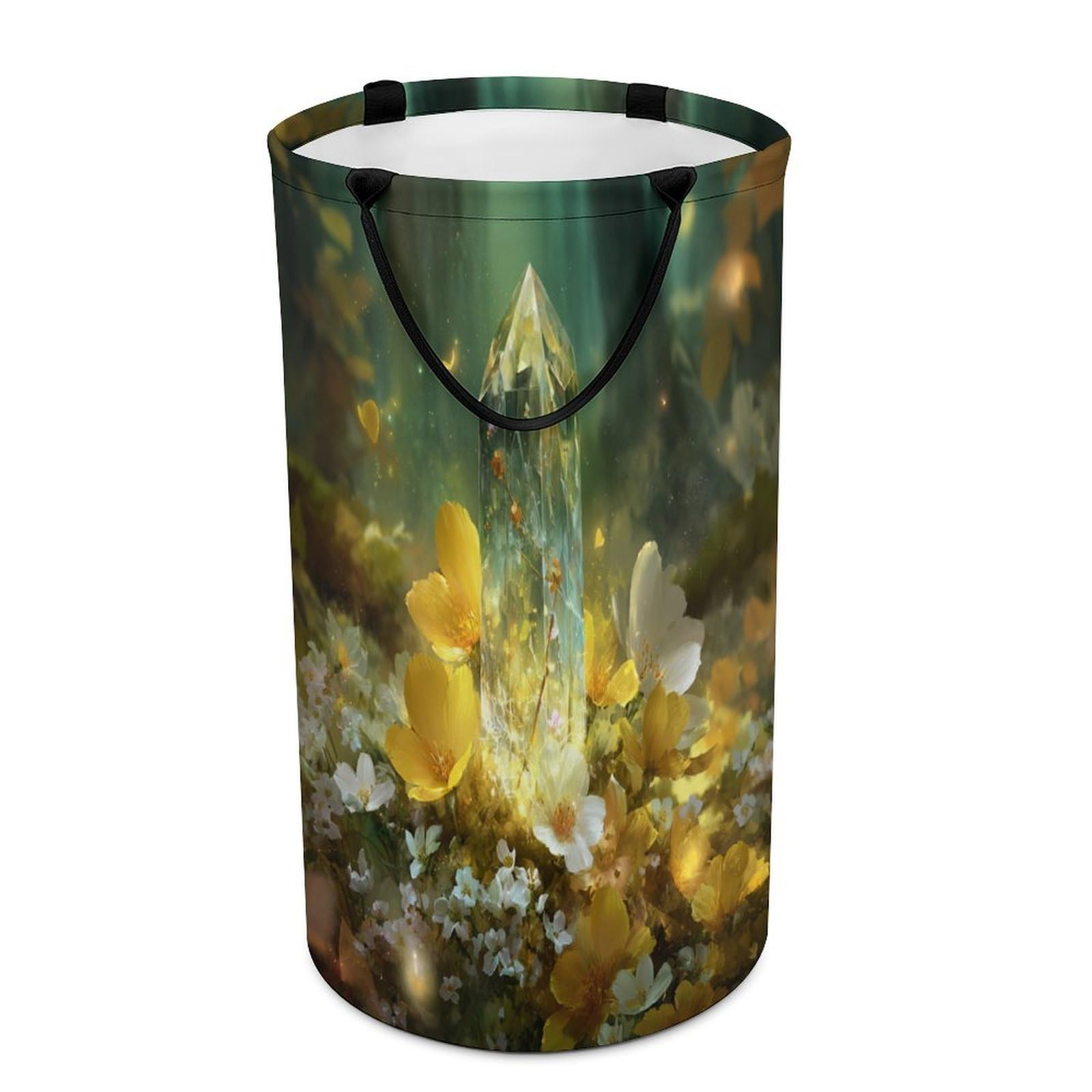 LUYYSKY Colorful Romantic Fairy Crystal Collapsible Dirty Clothes Basket, Classic Modern Art Enchanted Forest Plant Daisies Flowers Portable Clothes Storage Laundry Basket-40 CM Dia, 69 CM High