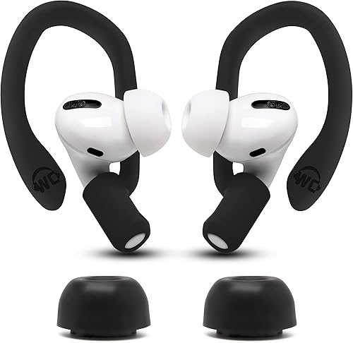 WC HookZ + WC TipZ - Combo de ganchos para las orejas y puntas de espuma viscoelástica para Airpods Pro de Wicked Cojines, color negro y negro