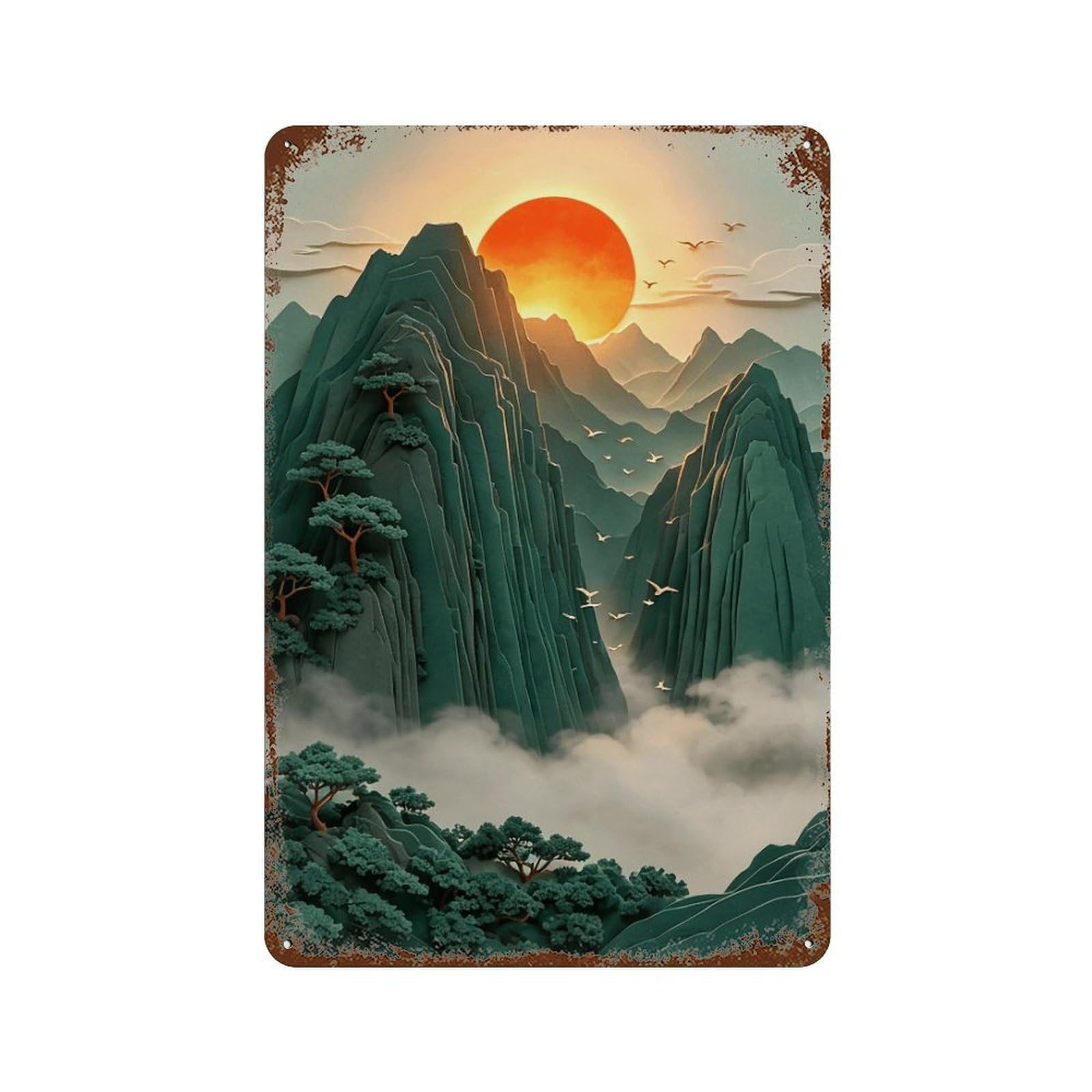 WIHYRTUI Eastern Tiered Misty Peak Sunset Motif 03 Wall Retro Iron Metal Tin Sign Vintage Art Poster Modern Home Cofffee Club Art Bar Shop Decor Style 30x20cm
