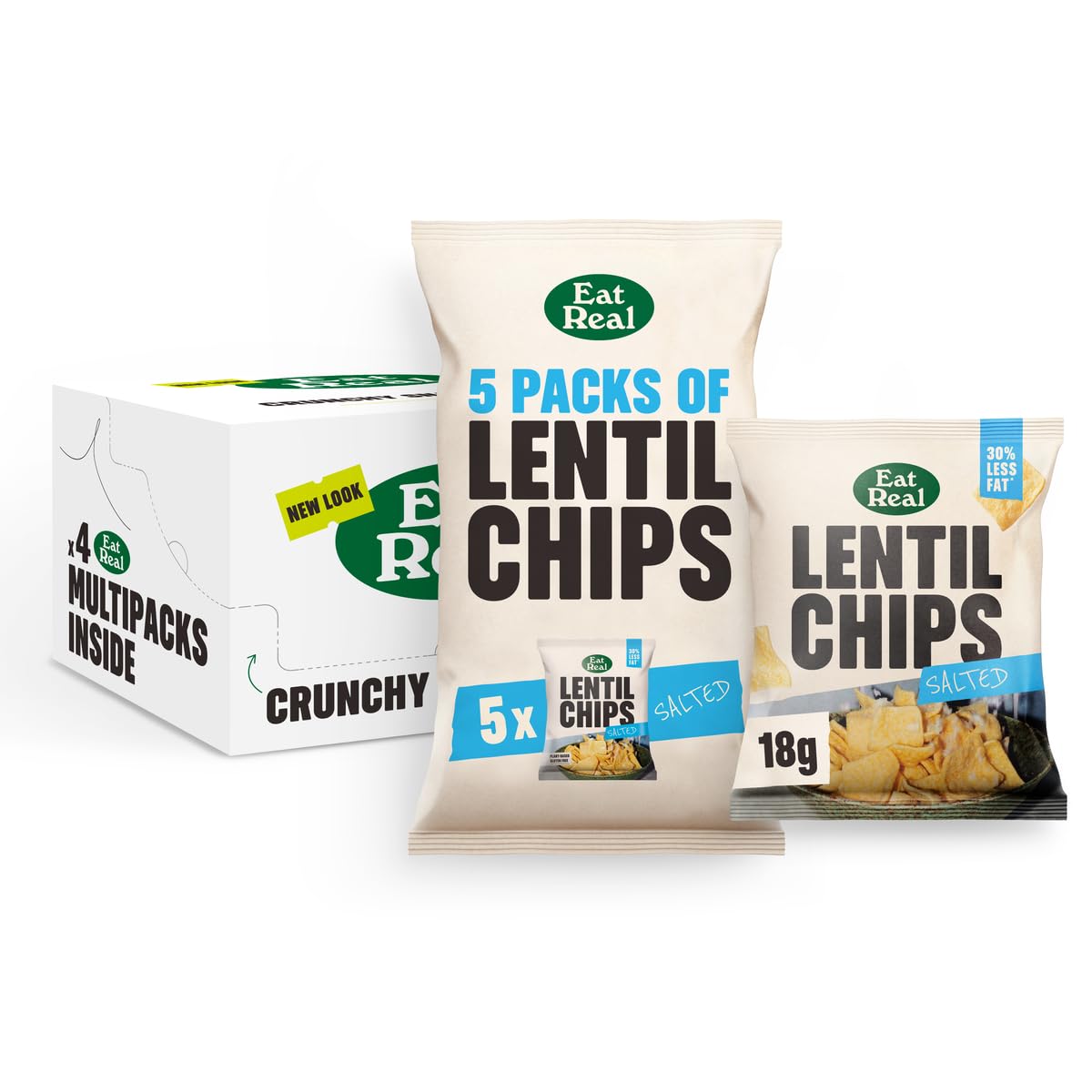 Eat Real, Lentil Chips, Salted, 4 x 5 x18g, Gluten-Free Crisps Multipack, Vegan-Friendly, Healthy Snacks, 30% Less Fat