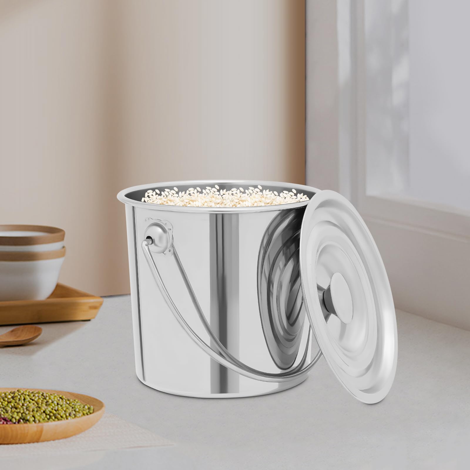 Cubo de acero inoxidable con tapa, cubo de cocina, cubo de comida con asa, cubo de cocina redondo, cubo para alimentos, productos químicos y detergentes, adecuado (6L)
