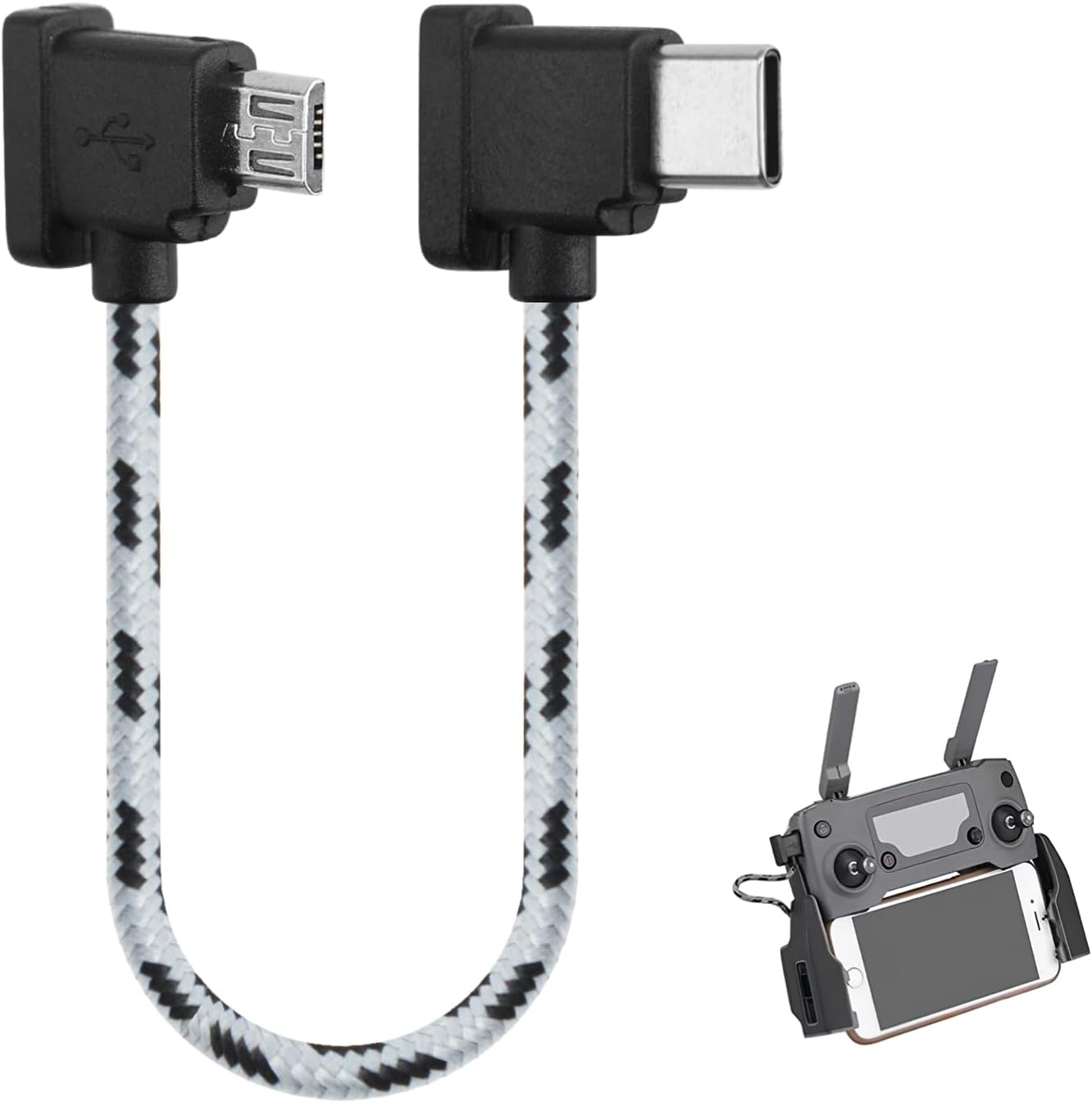 Type-C to Micro USB for DJI 15cm/3.66 Inch Remote Controller Cable Compatible with DJI Mavic Mini Mavic Pro Mavic Air Spark Drones 90 Degree USB C Connector Wire Charging Date Cable Black