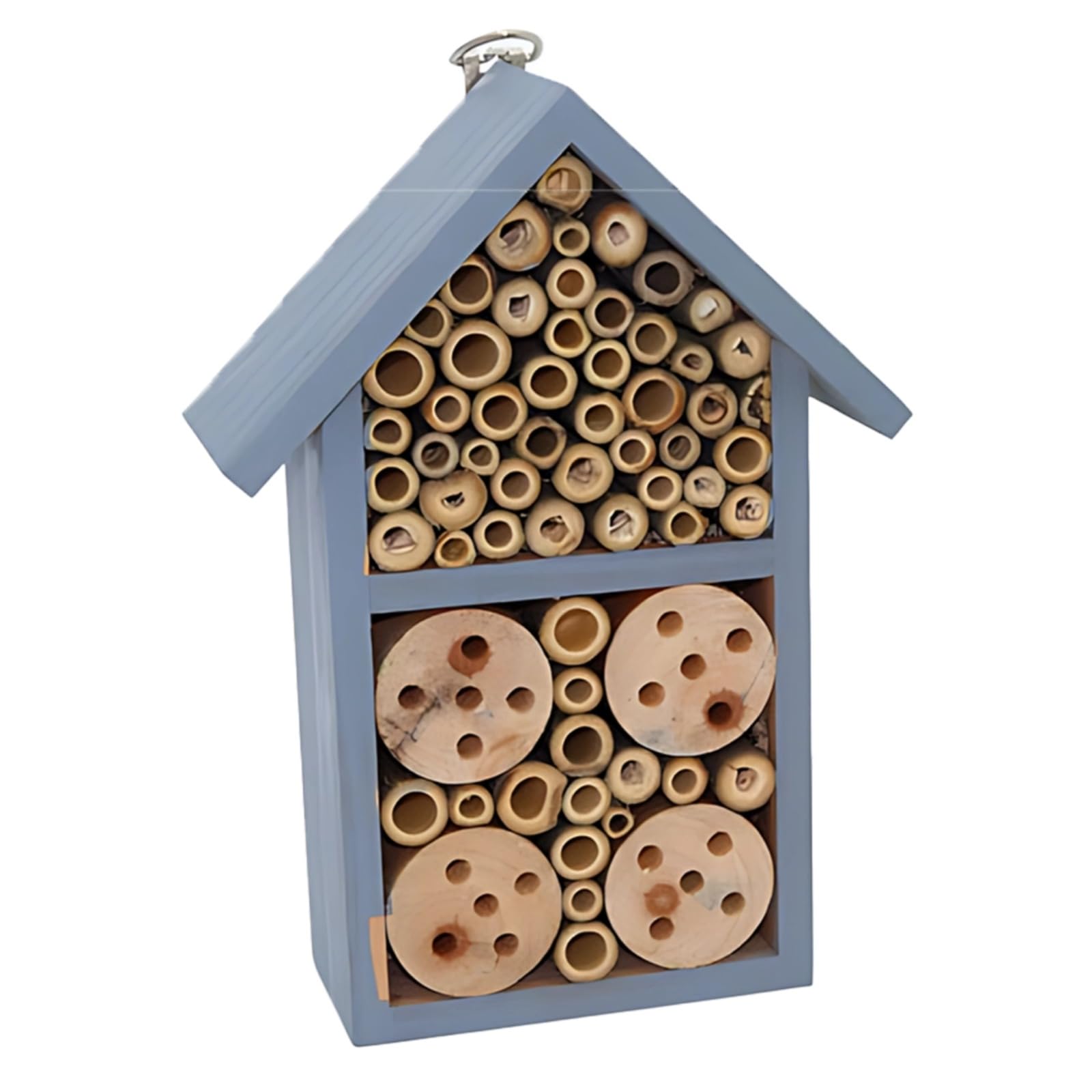 Wildbienennisthilfe aus massivem Holz, Insektenhotel für den Garten, langlebiges Bestäuberhabitat für draußen mit Holzröhren, lehrreich für Kinder und Erwachsene, Blaue Lackierung