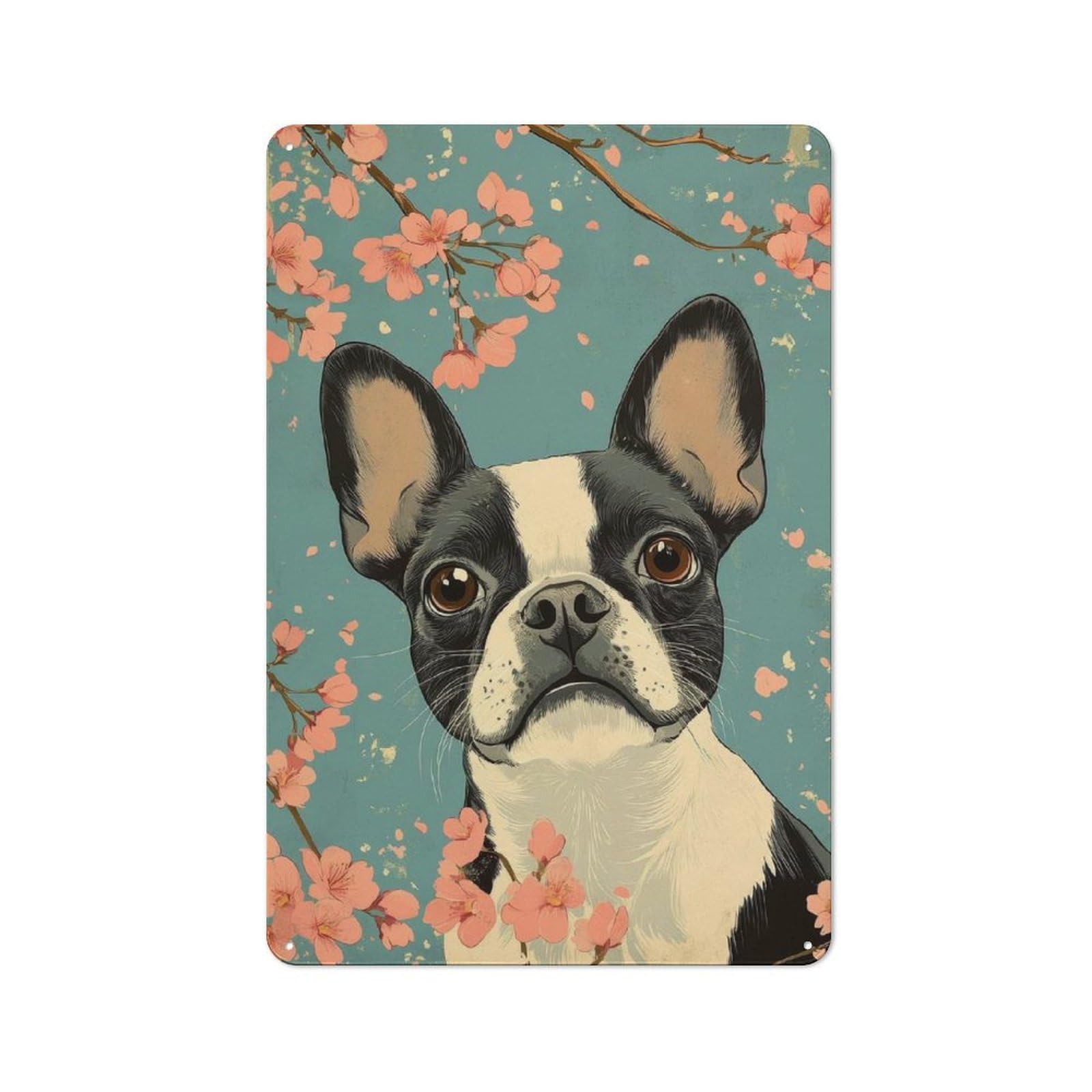 Metal Wall Sign with Boston Terrier Art Print Design 30x20cm, Loft Style Studio Wall Art for Flat, Bar, Studio Or Gallery Wall