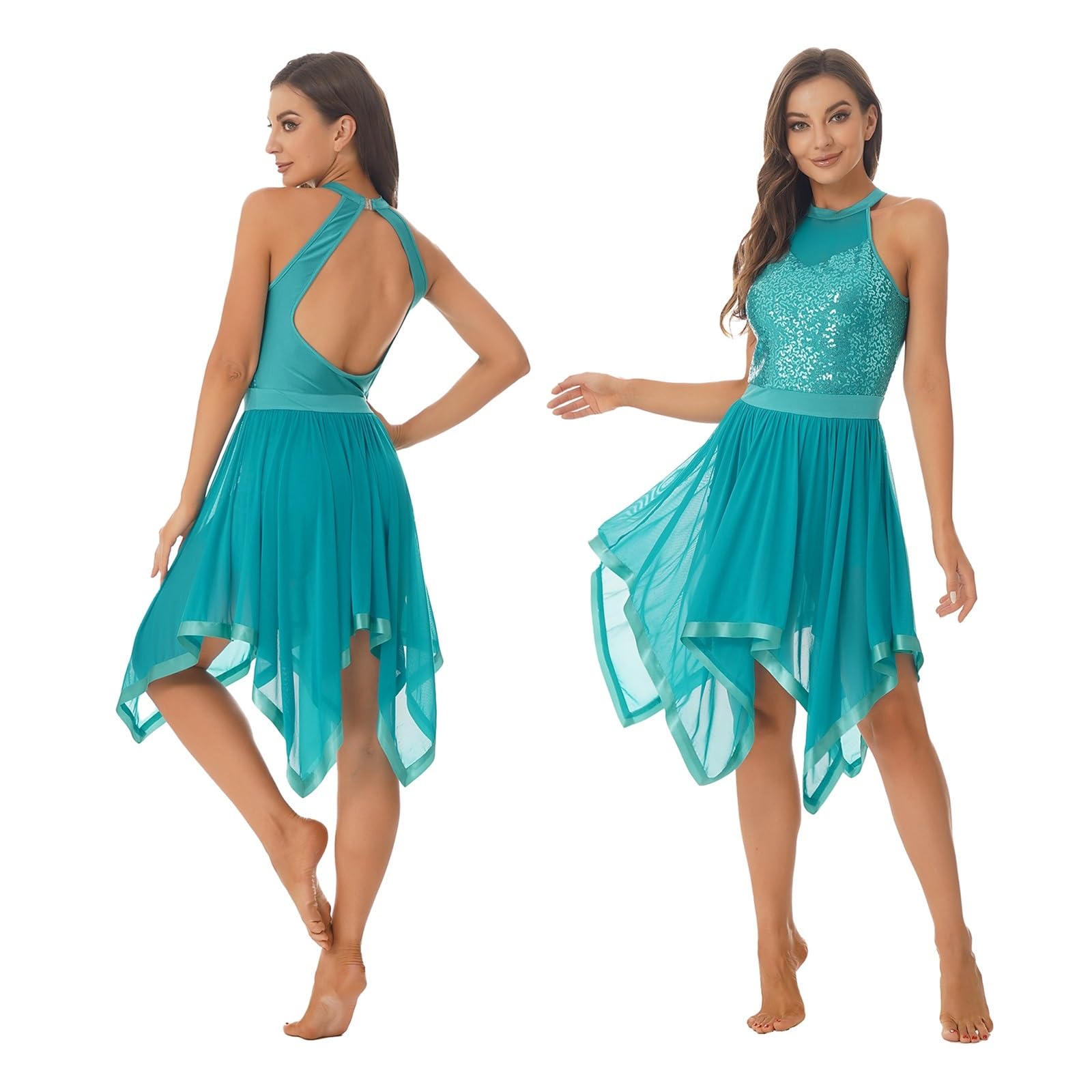 Vestido De Danza LíRica Moderno Vestido de Baile contemporáneo Moderno de Jazz de Malla asimétrica con Lentejuelas y Cuello Halter sin Mangas for Mujer