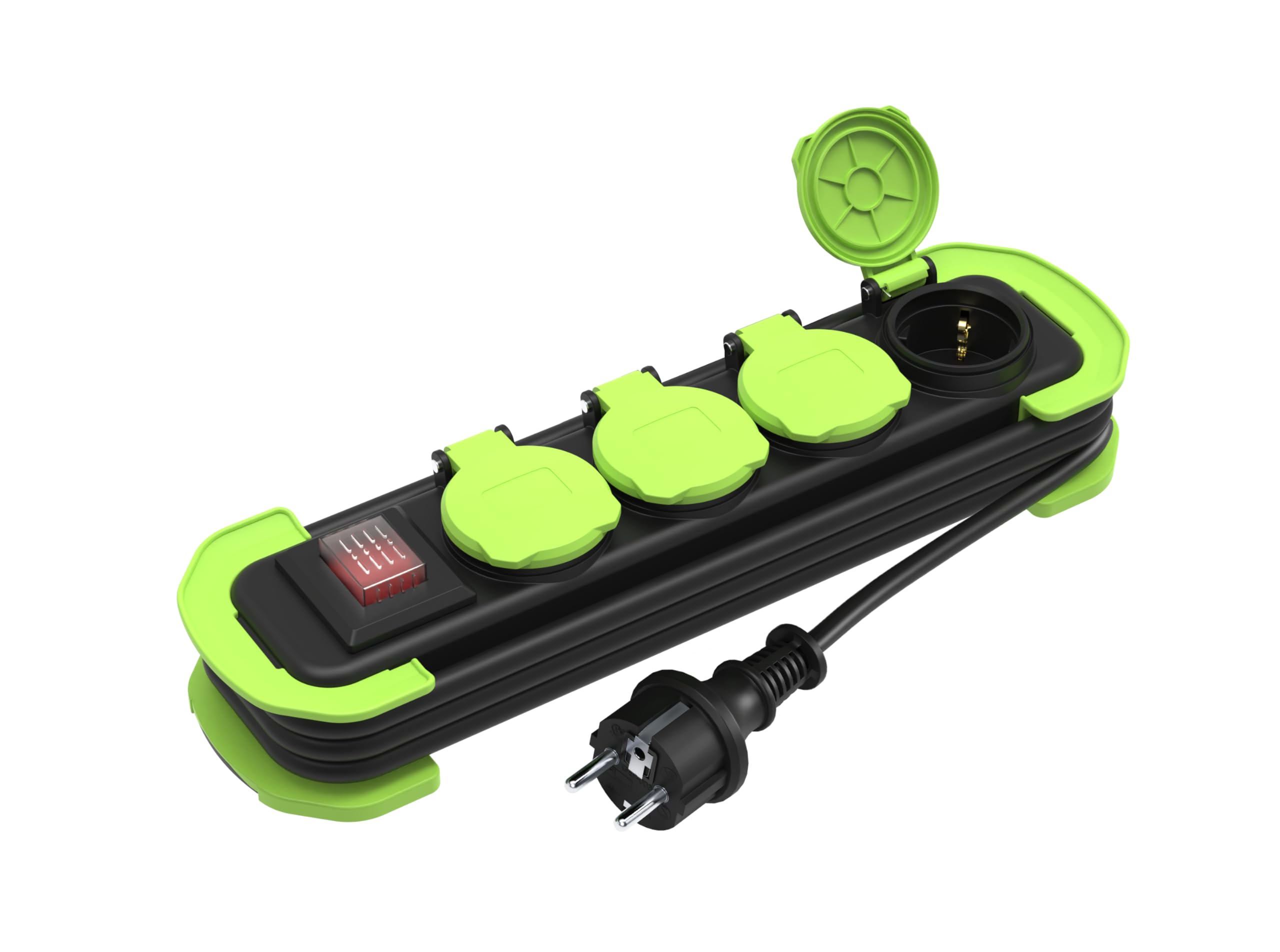 MutecPower Multiprise 4 Prises IP44 Prise Multiple avec Interrupteur, multiprise Exterieur Etanche, Prises à Contact de Protection avec couvercles et câble Enroulable 1.4m 16A/250V Noir/Vert