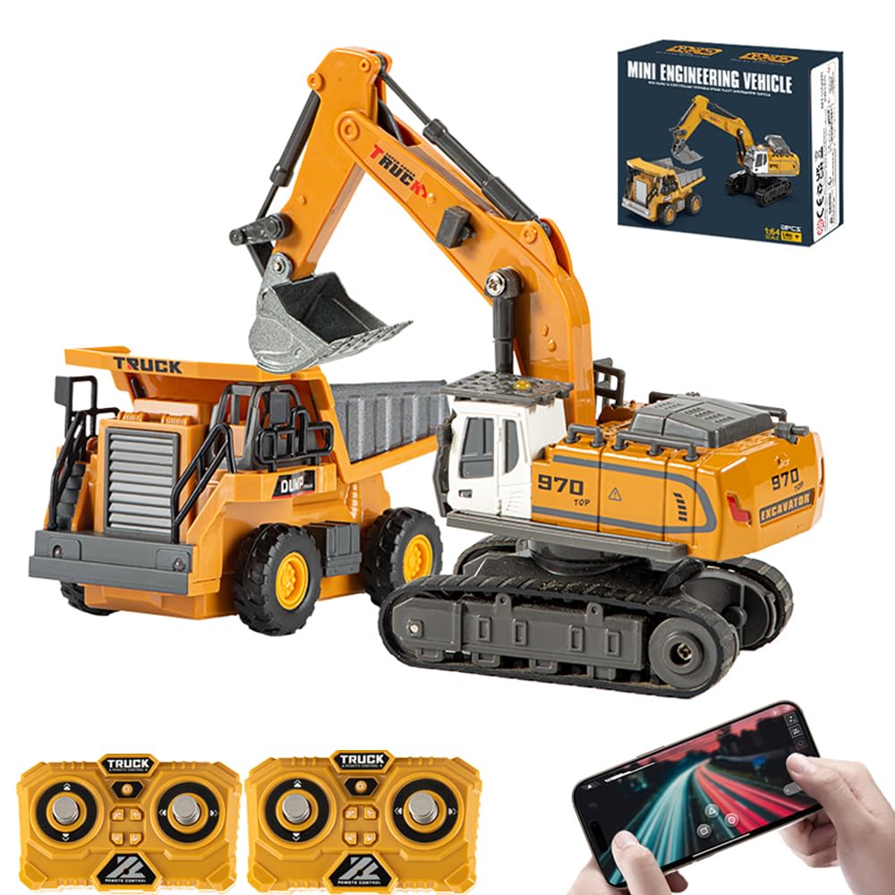 Mini Excavadora Teledirigida 1:64 Con Carretilla Elevadora, Luces Y Sonidos, Control Por 2.4 GHz Y App, Batería De Larga Duración, Juguete De Construcción En Aleación Para Niños
