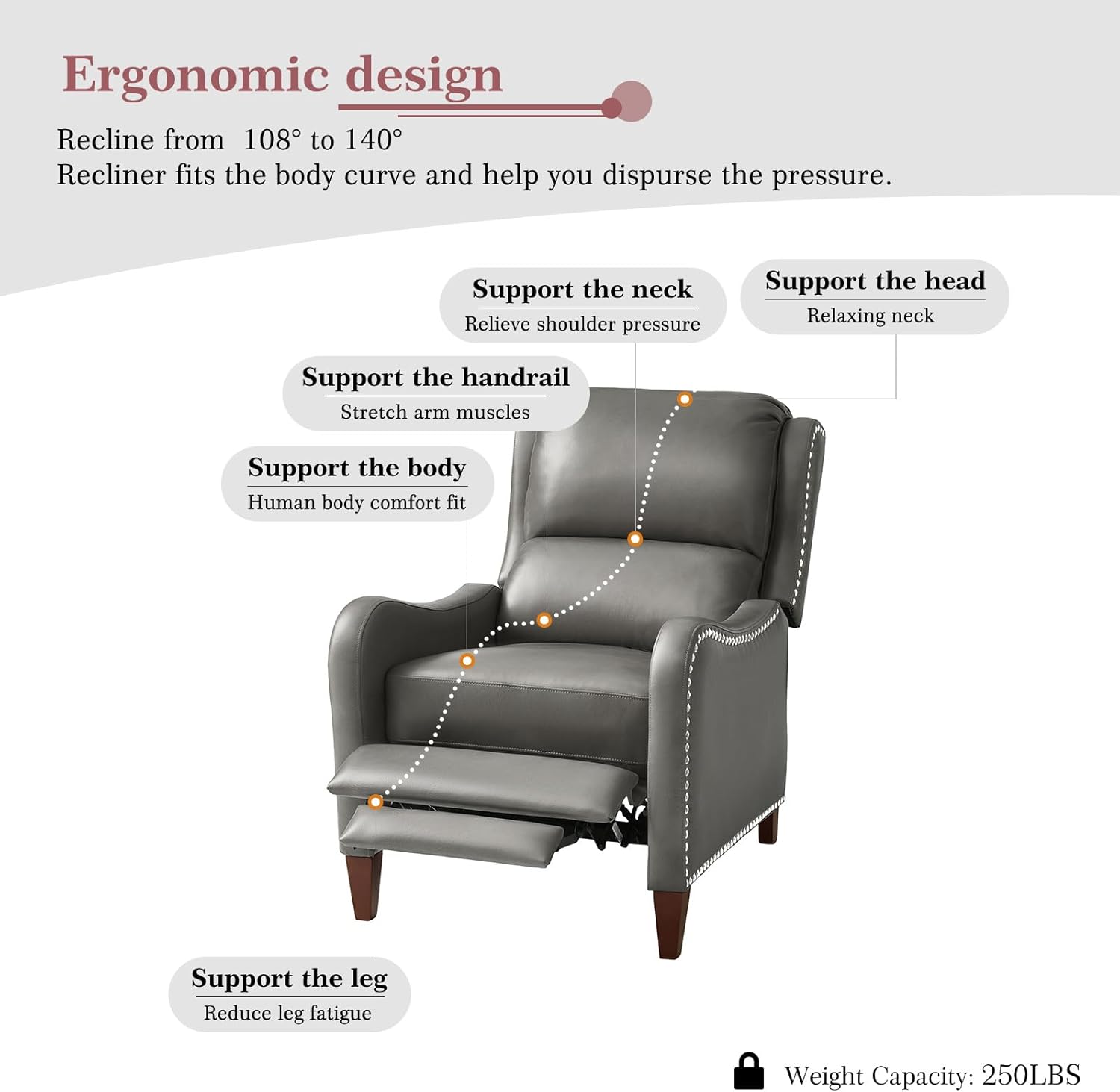 TINA'S HOME Genuine Leather Recliner Chair, Mid-Century Modern Push Back Recliner Chair with Wood Feet & Armrest, Headrest & Lumbar Support for Living Room, Bedroom, Dove
