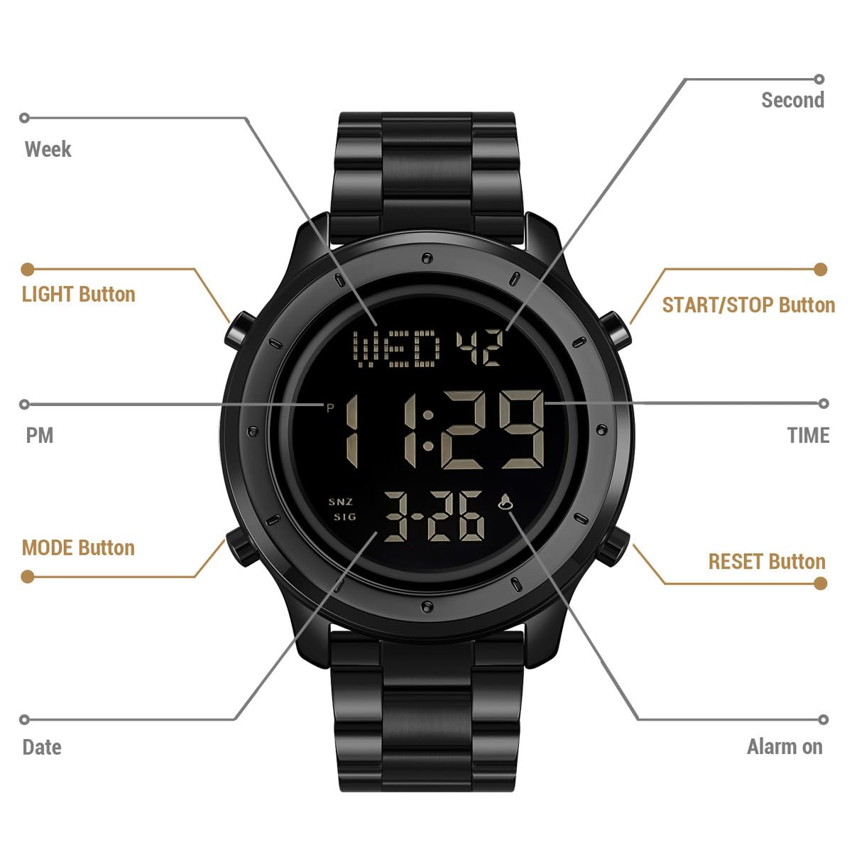 Montre numérique pour Homme en Cuir avec LED Minimaliste et chronomètre étanche en Acier Inoxydable