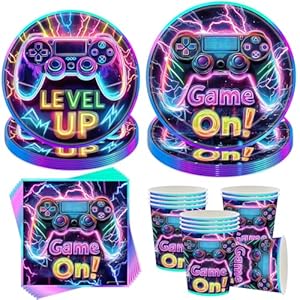 Sunshine smile 50 Stück Videospiel Geburtstag Deko,Videospiel Party Zubehör,Glow Party Partygeschirr Set,videospiel party geschirrset,Mit Teller Becher Servietten,Geschirr für 10 Gäste