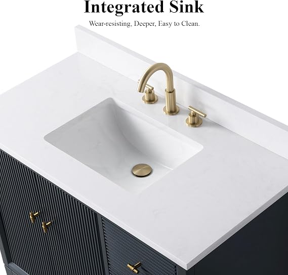 HOMEBEYOND 42 Bathroom Vanity with Single Sink & Engineered Marble Top, Solid Wood Frame, Linear Pattern & Soft Close Door | Brushed Nickle Handware, Vintage Spruce Blue