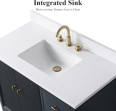 HOMEBEYOND 42 Bathroom Vanity with Single Sink & Engineered Marble Top, Solid Wood Frame, Linear Pattern & Soft Close Door | Brushed Nickle Handware, Vintage Spruce Blue