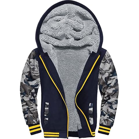 JACKETOWN Children's fleece jacket, boys' hoodie, long sleeve, warm hooded jacket with hood, children's winter jacket with zip, sweatshirt, classic colour block, 054 camouflage blue, 12-13 Years Cover