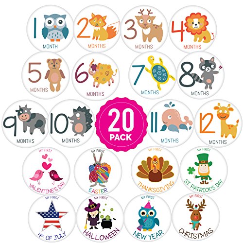 LittleLight | 20 Pack of Baby Monthly Stickers with Animals. My First Growth and Holiday Onesie Stickers for Boy, Girl, Baby.