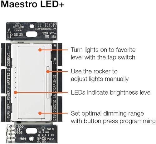 Miniatura 9 de Lutron Maestro LED - Kit de regulador digital para bombillas LED regulables halógenas e incandescentes 150 vatios multiubicación MACL-153M-RHW-WH