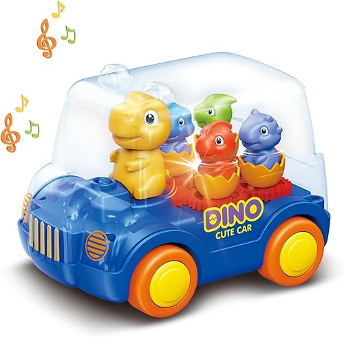 Autos de autobús de dinosaurio (azul), camiones de juguete iluminados para niños, automático Bump & Go Clear con engranajes móviles de color, música