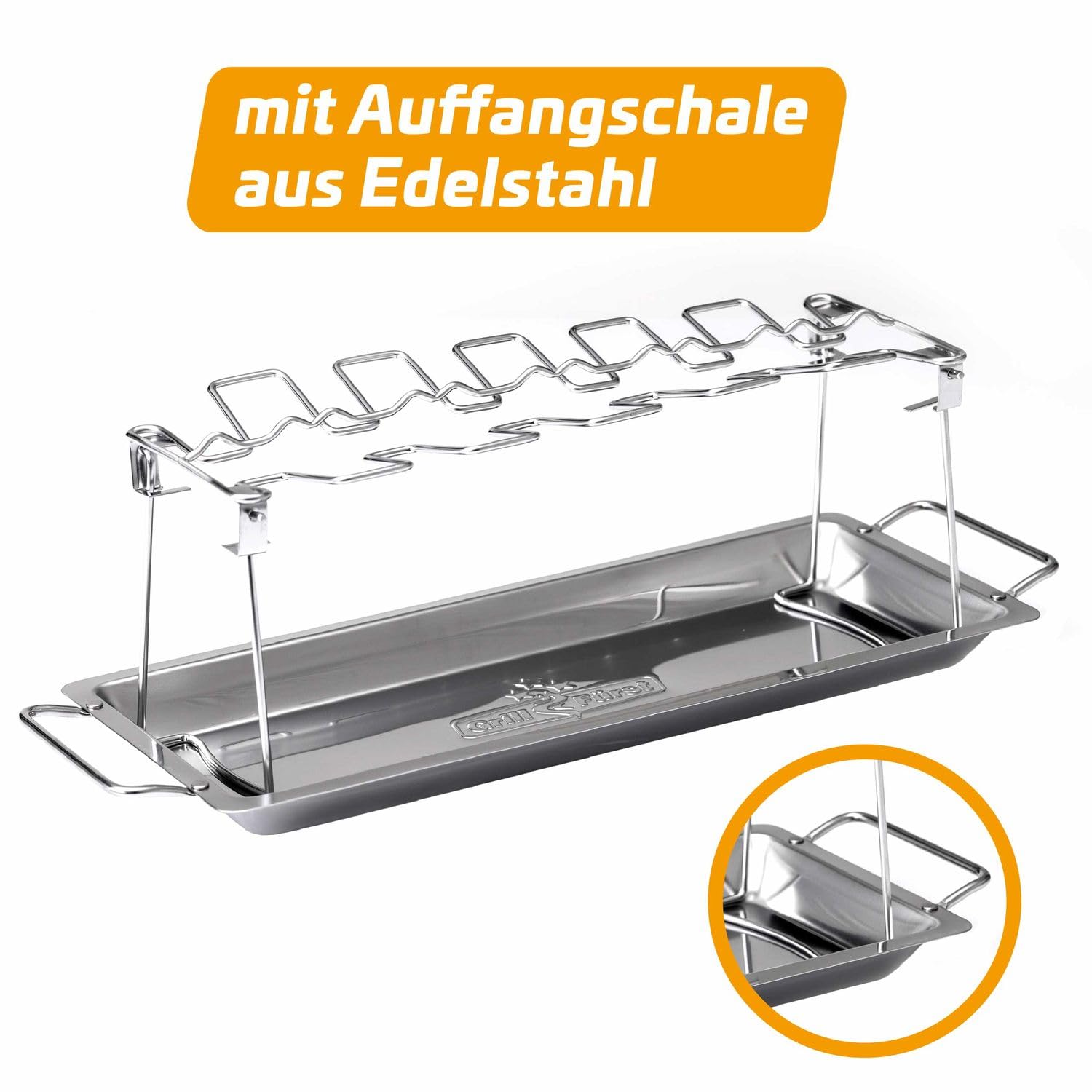 Grillfürst Hähnchenschenkel Halter für 12 Drum Sticks oder Chicken Wings mit Auffangschale aus Edelstahl
