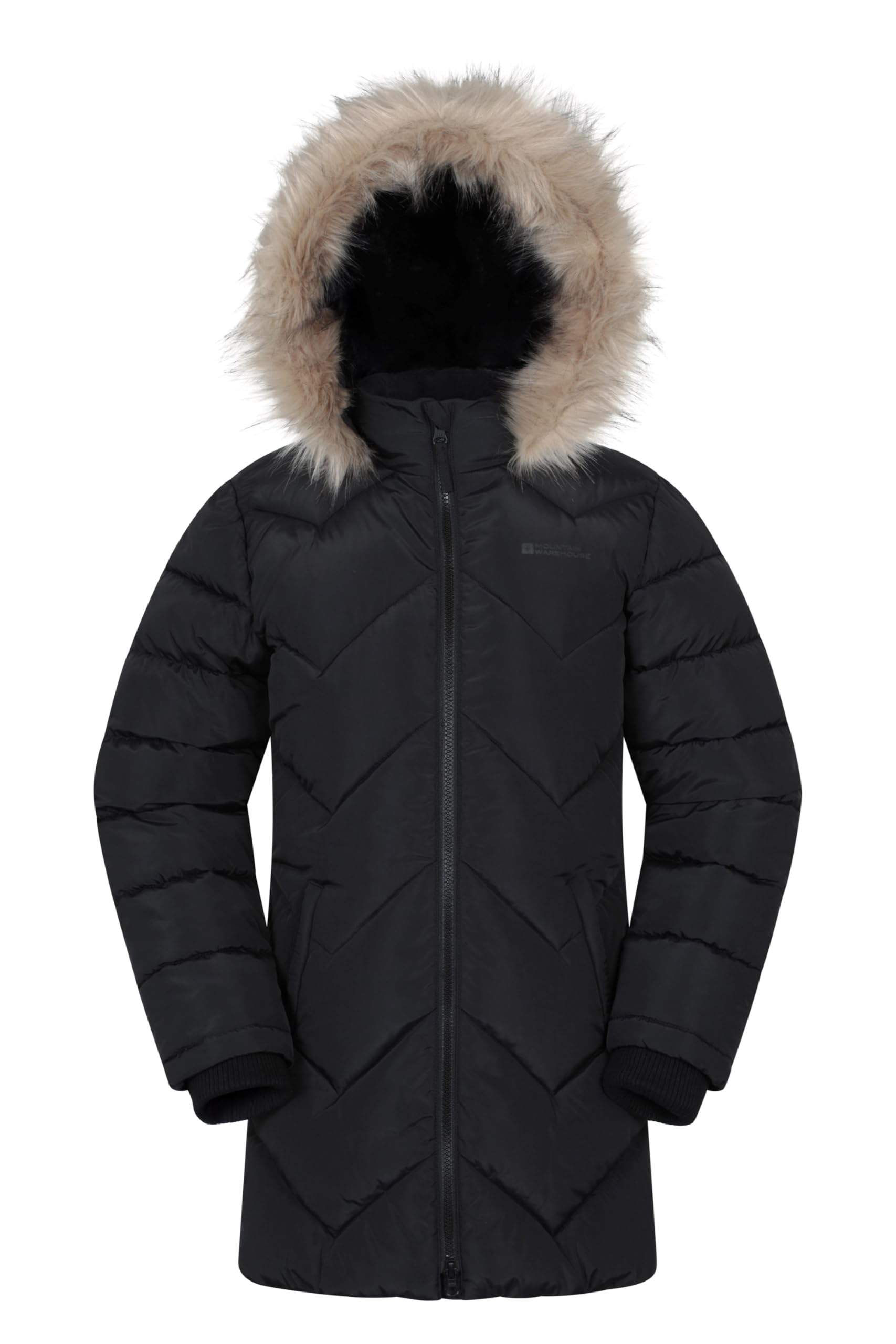 Mountain Warehouse Girls Black Galaxy Fleece Lined Kids Padded Jacket - Water Resistant Puffer Coat With Faux Fur Hood, & Boys - For Autumn, Winter, Travelling, Hiking Kids Size 5-6 Years