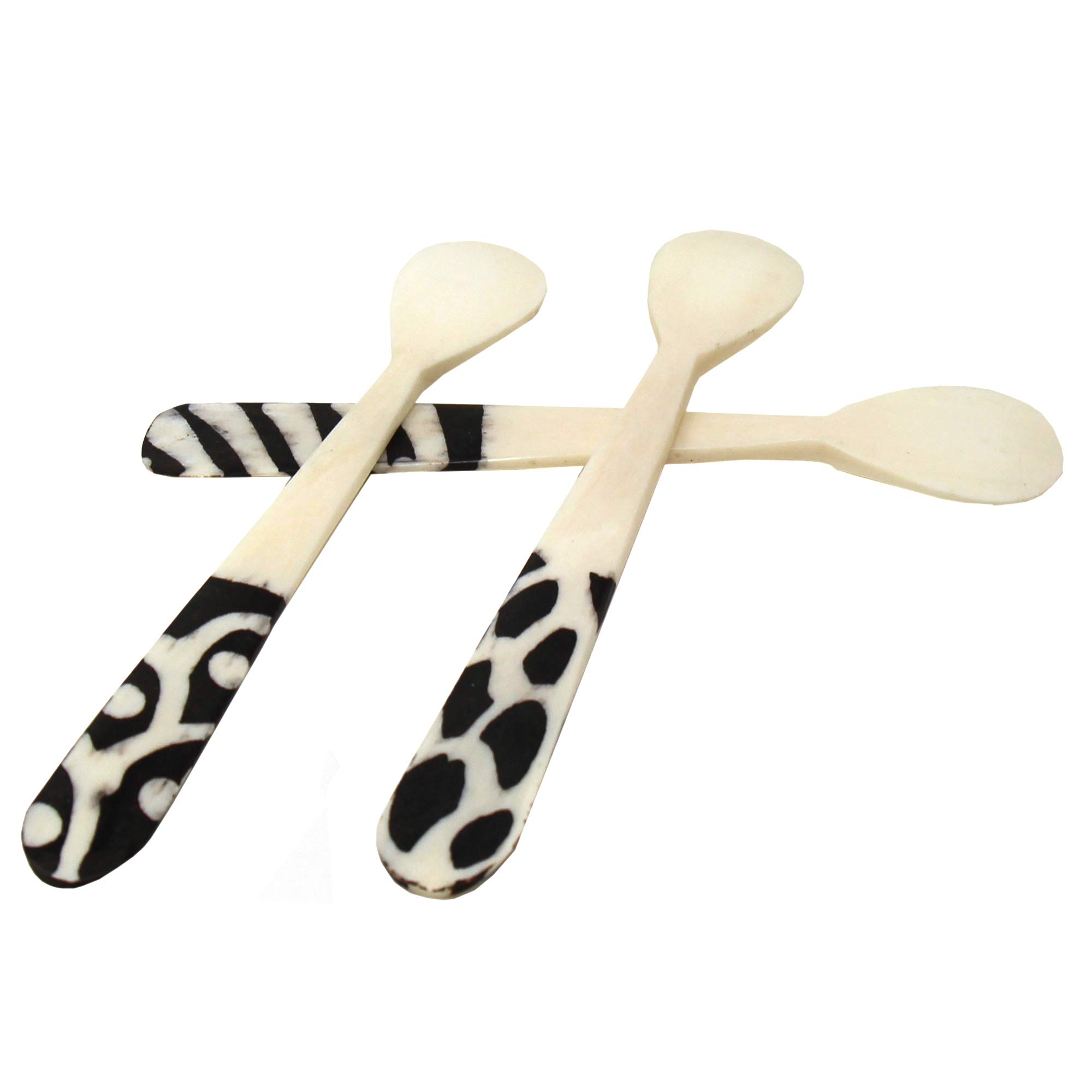 Global Crafts Handmade Natural Bone Batiked Appetizer Set, 3 Spoons, Made in Kenya, 3 Piece Set (KNB004-S3)
