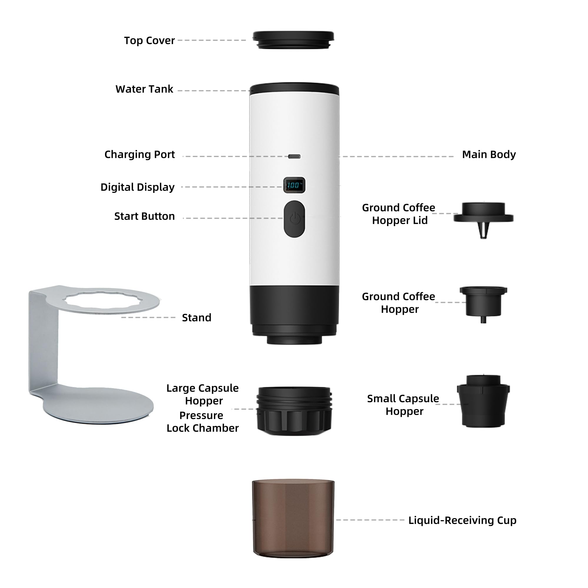 Macchina per caffè espresso portatile 3 in 1 con batteria | Macchina da caffè con funzione di riscaldamento | Ricarica di tipo C | Temperatura e indicatore batteria | Caffè da viaggio