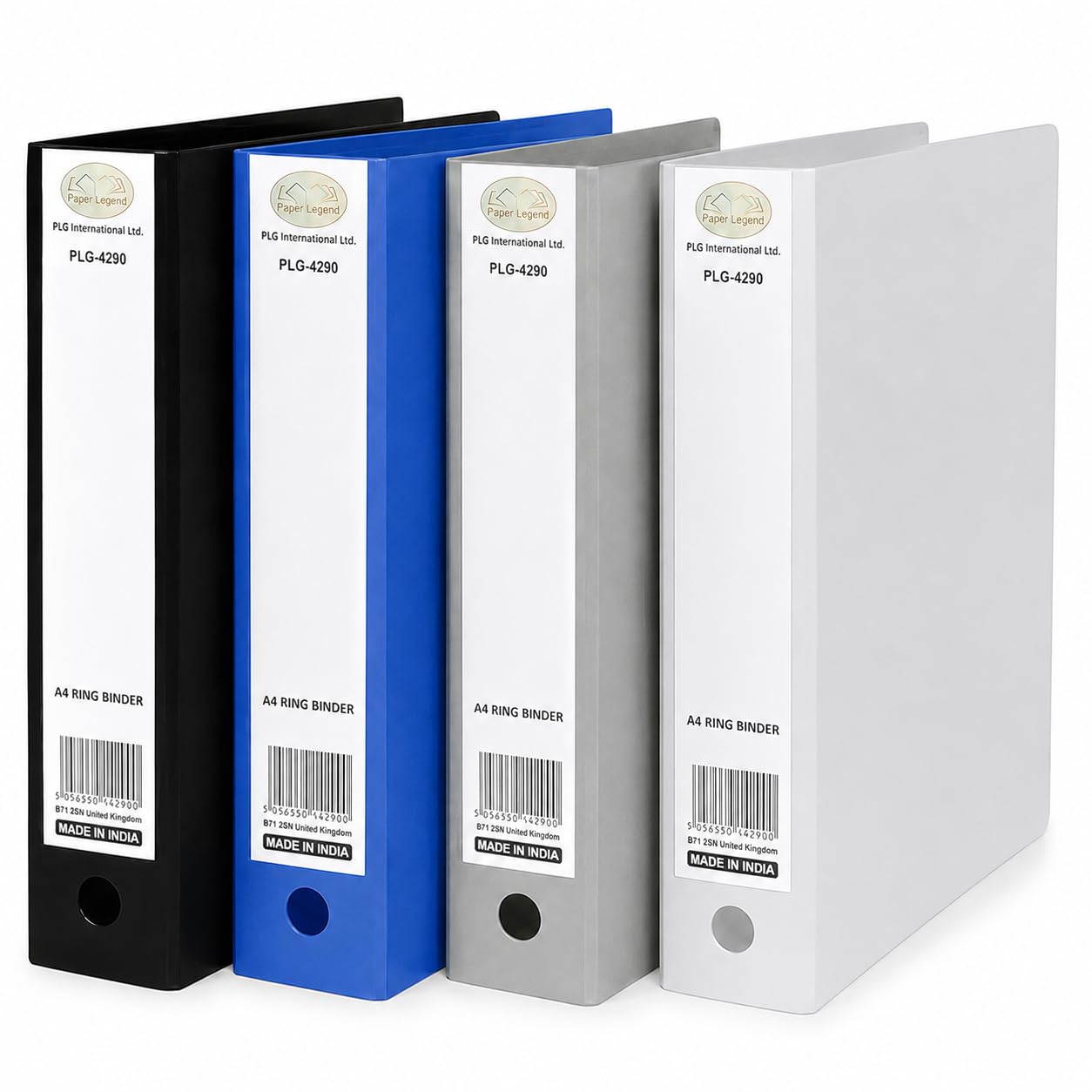 M1SS A4 Ring Binder 4 Colours File Set – Black, Blue, Grey & White 2-O Ring Document Folder with 65mm Spine, Waterproof PP File Organiser for Office, School & Home