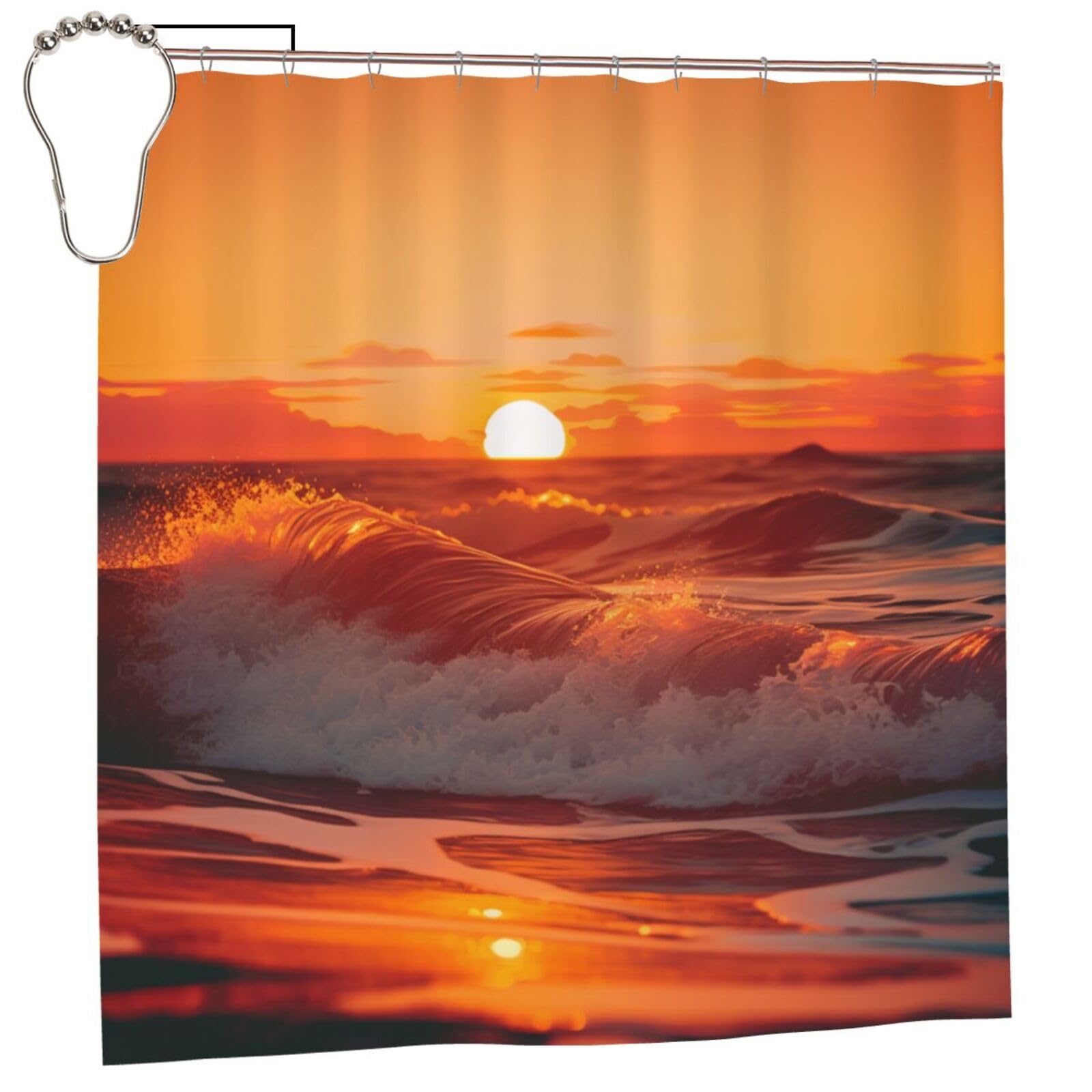 BWWHCCTI sunset with sea waves Printed Shower Curtain With 12 Iron Hooks Opaque Quick Drying Waterproof Shower Curtains Sets For Bathroom 183x183 CM