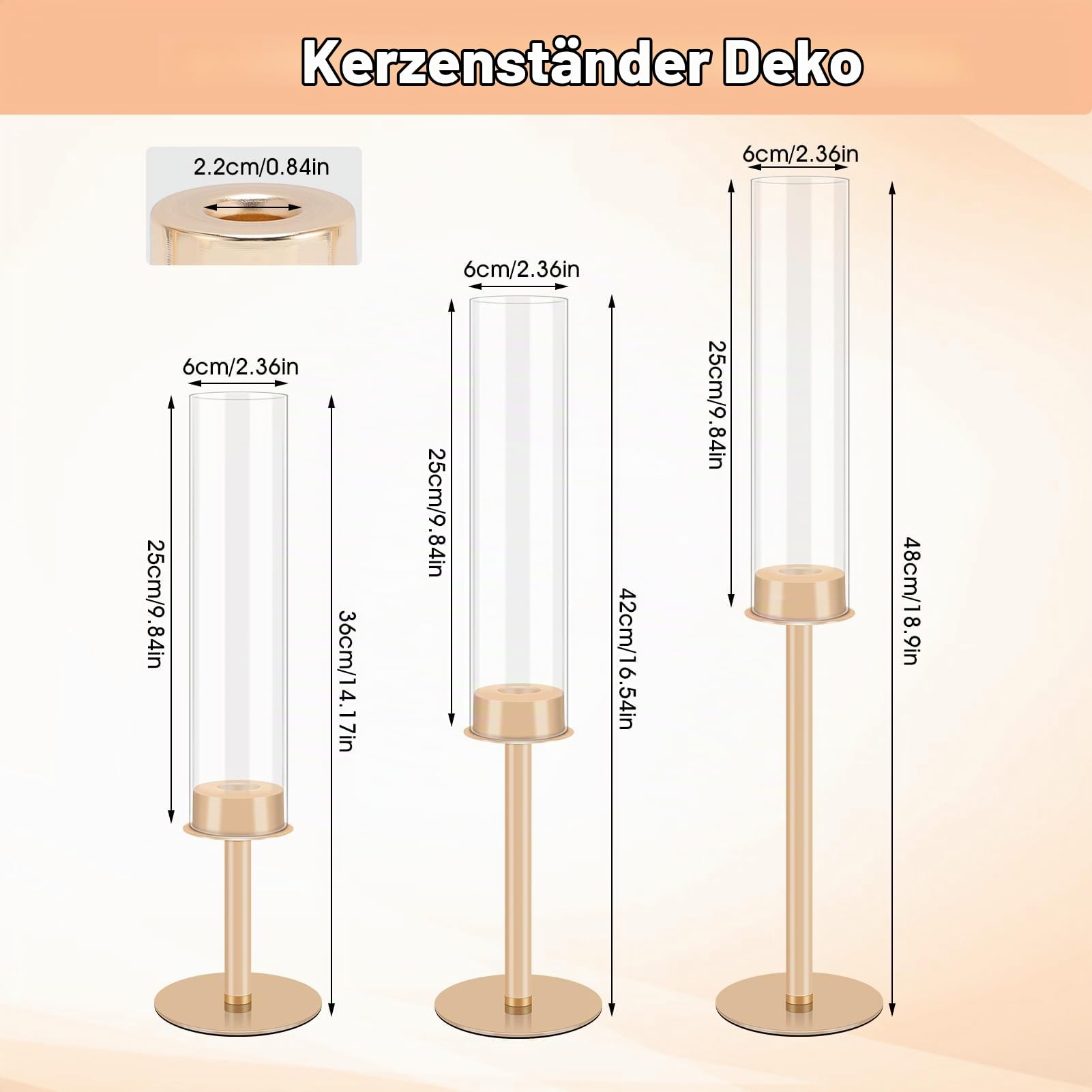Gugxiom 6Pcs Gold Kerzenhalter, Glas Hurricane Kerzenhalter Gold, Kerzenhalter für Stumpenkerzen, für Haus Dekoration, Hochzeit, Essen, Party Dekorativ