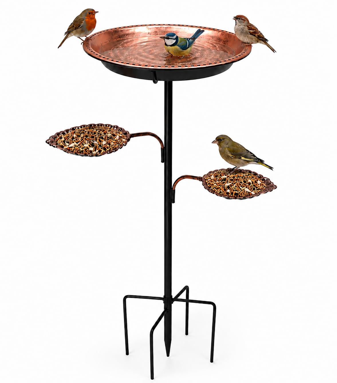 Vogeltränke mit Futterschalen, 89 cm Vogelbad Stehend für Garten, Metall Vogeltränke für Wildvögel, Wetterfest & Rostbeständig, Abnehmbare Wasserschale, Stabile 5-Zinken-Basis, Vogel Futterstation