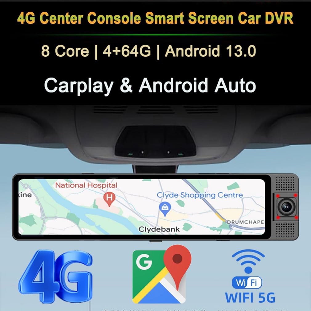 3 Canali Android 13 4G Dash Cam Specchietto Retrovisore, Carplay & Android AutoCar DVR, 12 pollici IPS Touch Full Screen, 4GB + 64GB, 5G Wifi GPS Navi ADAS Bluetooth, Monitoraggio remoto, anteriore