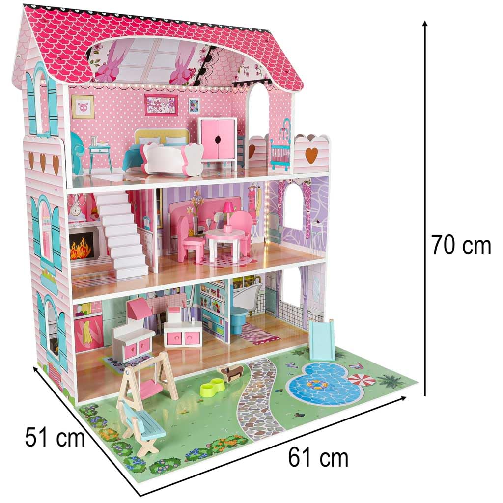 Casa delle Bambole in Legno con Giardino, LED - Rosa - Grande 70 x 61 x 51 cm