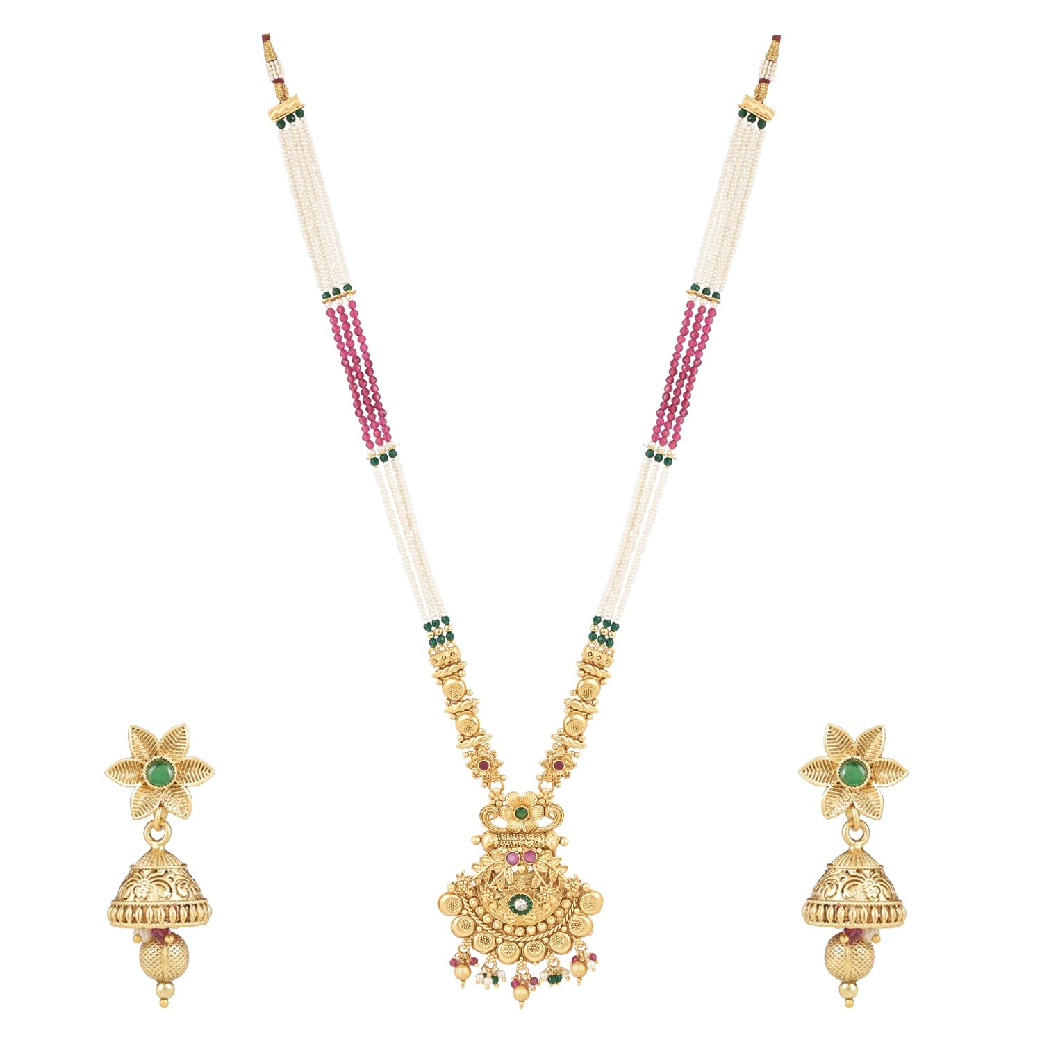 I JewelsGold Plated Traditional Antique Temple Brass Jewellery Long Pearl Necklace With Jhumki Earrings Set For Women/Girls (MC129QG)