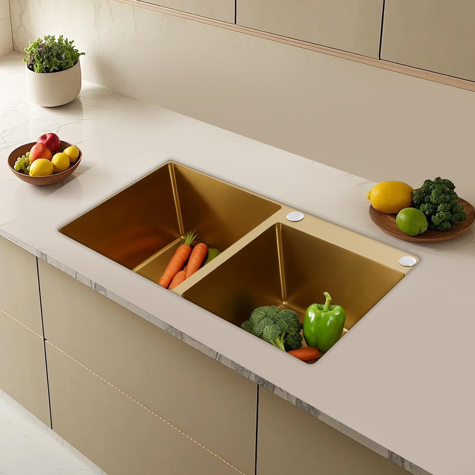 Évier de cuisine à 2 bacs en acier inoxydable 75 x 40 x 22 cm sans robinet pour cuisines, restaurants, magasins de desserts, cafés (doré)