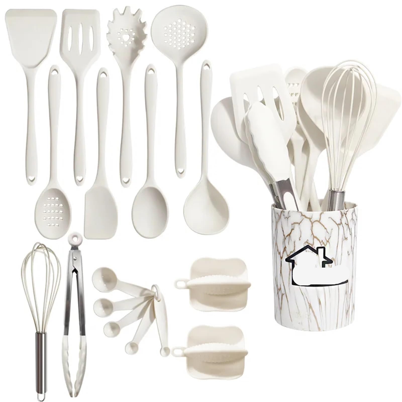 Set Utensili Da Cucina In Silicone Rosa 18 pezzi utensili da cucina in silicone alimentare spatola Turner misurino pratico(White)