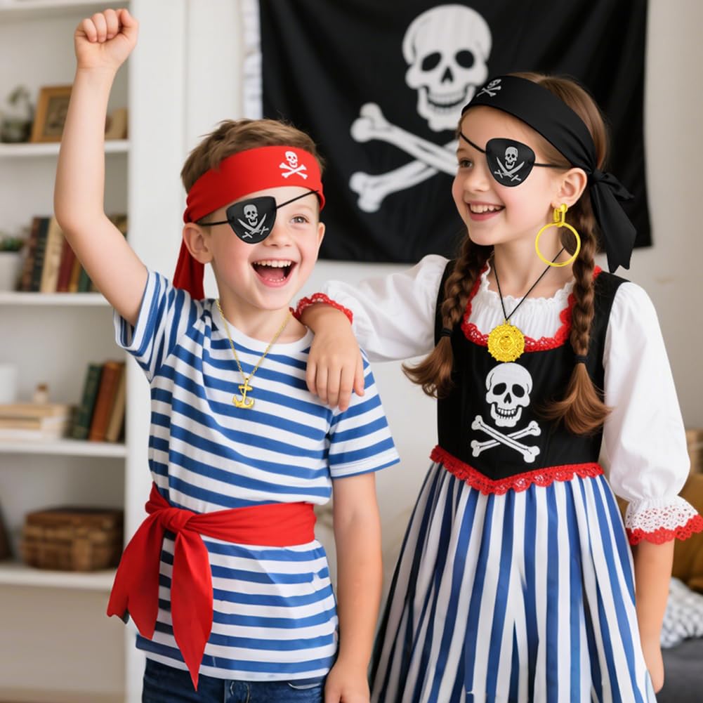 AOOWU 8 Pcs Pirate Costume Accessory Set, Pirate Role Play Outfit With Headscarf, Eyepatch, Earring, Necklace, Gold Coins - Image 4