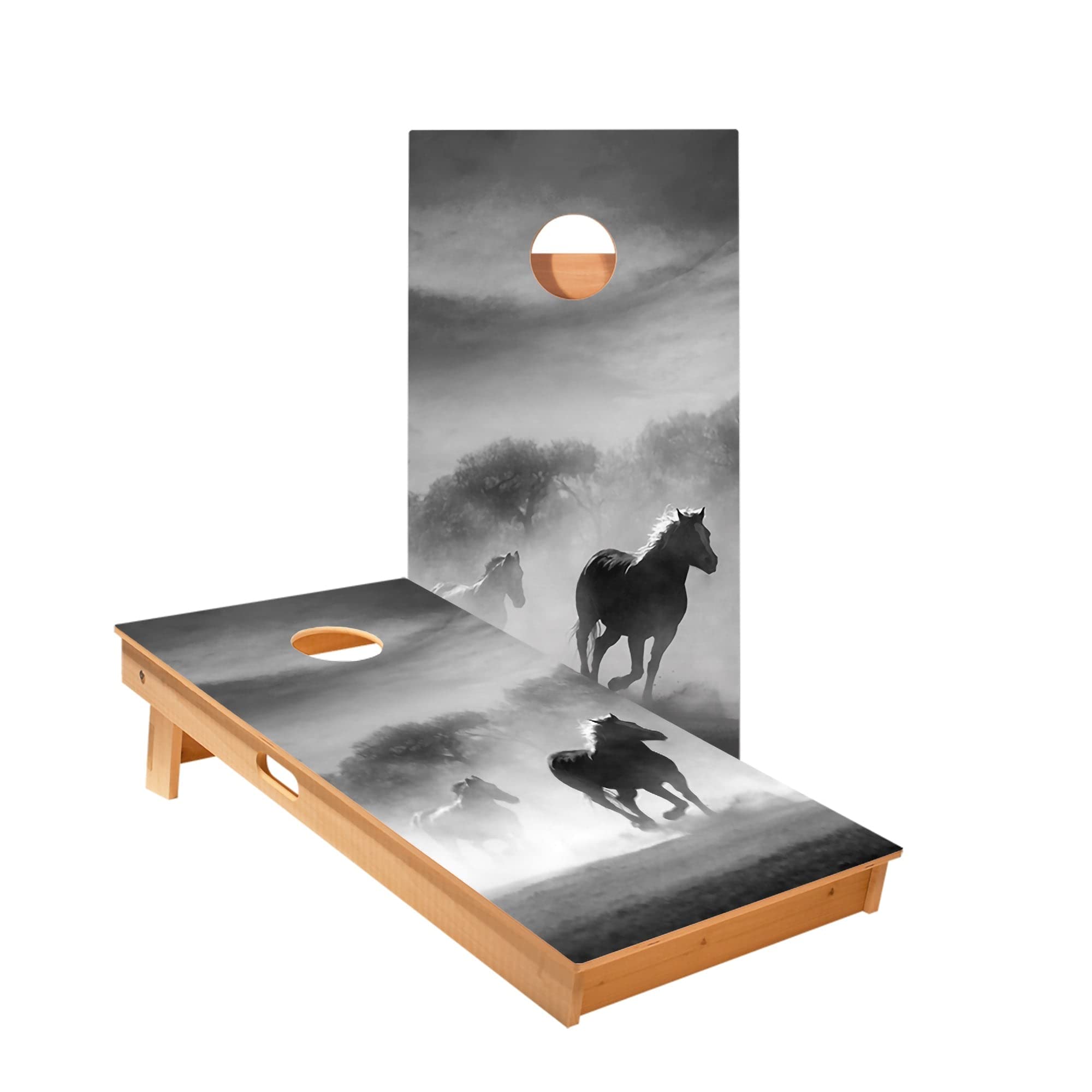 Skip's Garage Black and White Horses Cornhole Boards - Includes (2) Boards (Resin Bags) + (2) Hole Lights & (2) Edge Lights